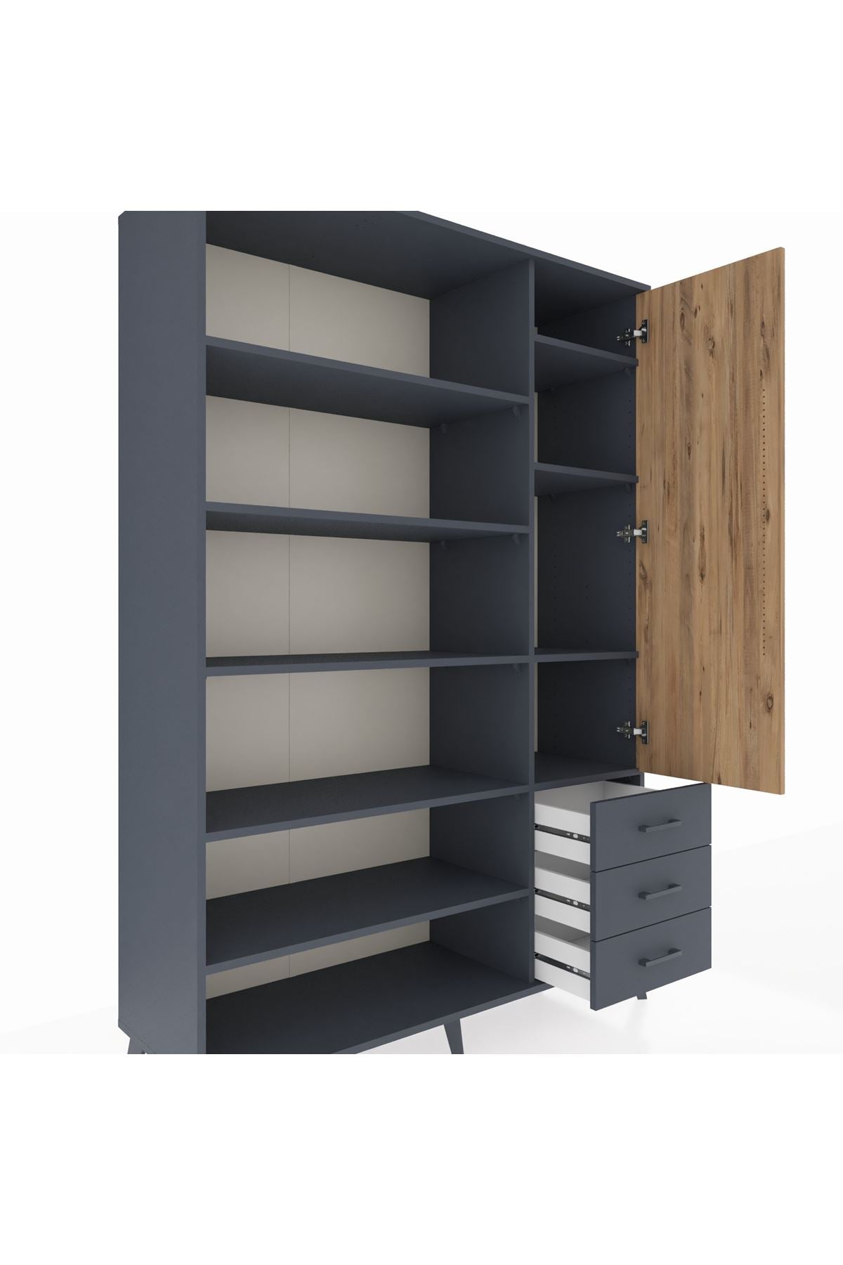 Hyperion Dolap 9 Raflı 3 Çekmeceli Tek Kapaklı  132x44x195 Antrasit-Çam/Antrasit