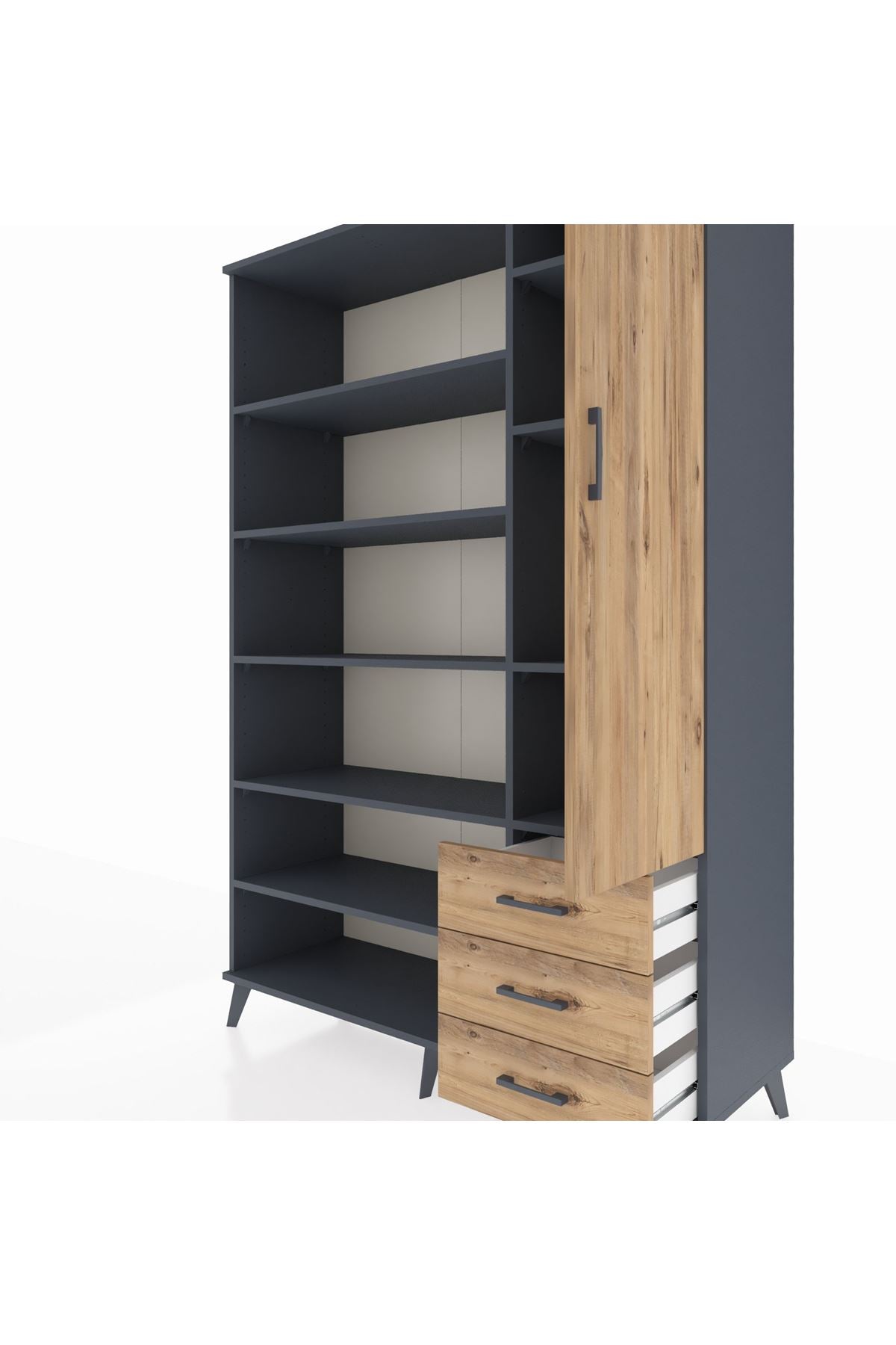 Hyperion Dolap 9 Raflı 3 Çekmeceli Tek Kapaklı  132x44x195 Antrasit-Çam/Çam
