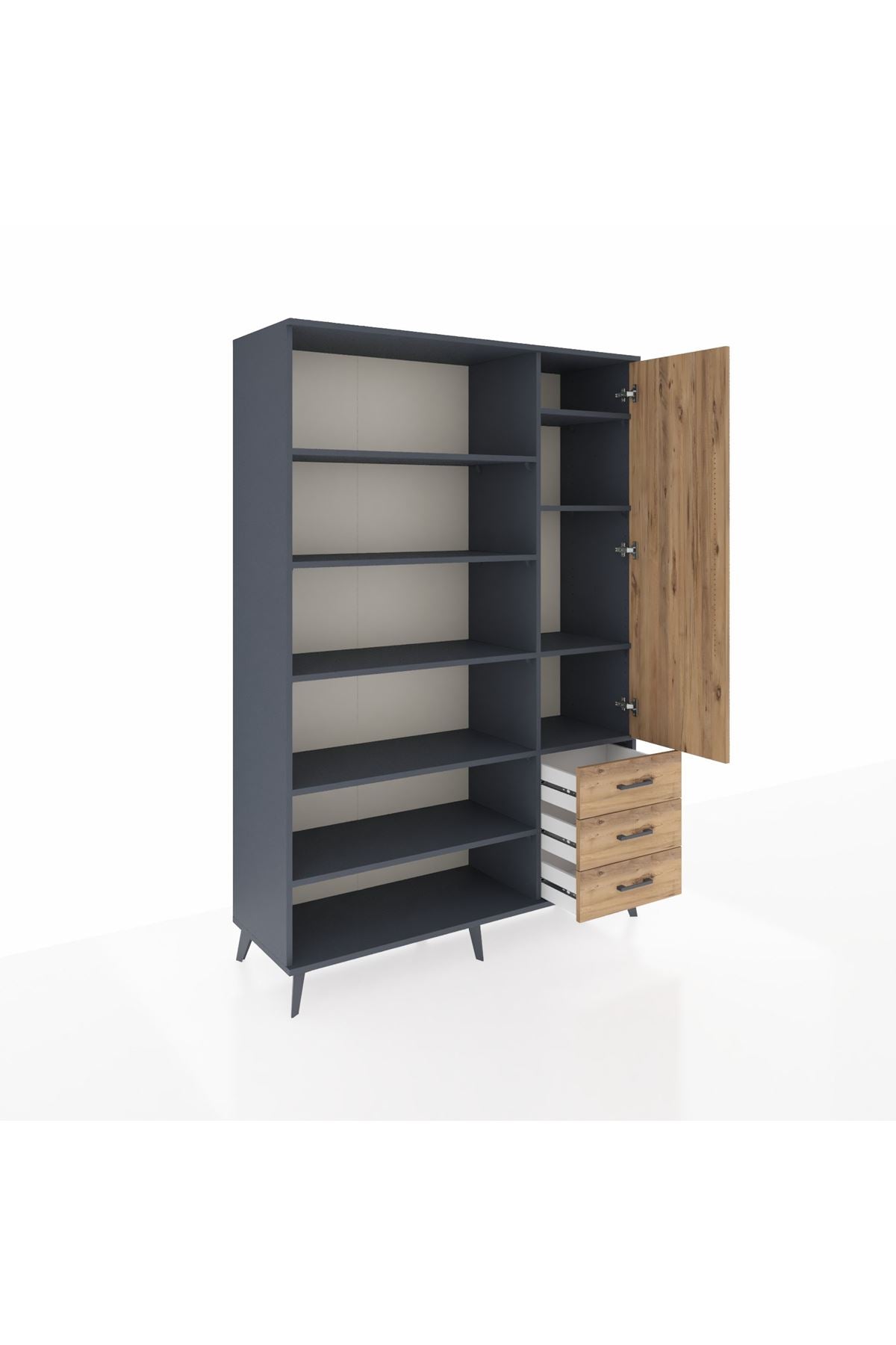 Hyperion Dolap 9 Raflı 3 Çekmeceli Tek Kapaklı  132x44x195 Antrasit-Çam/Çam