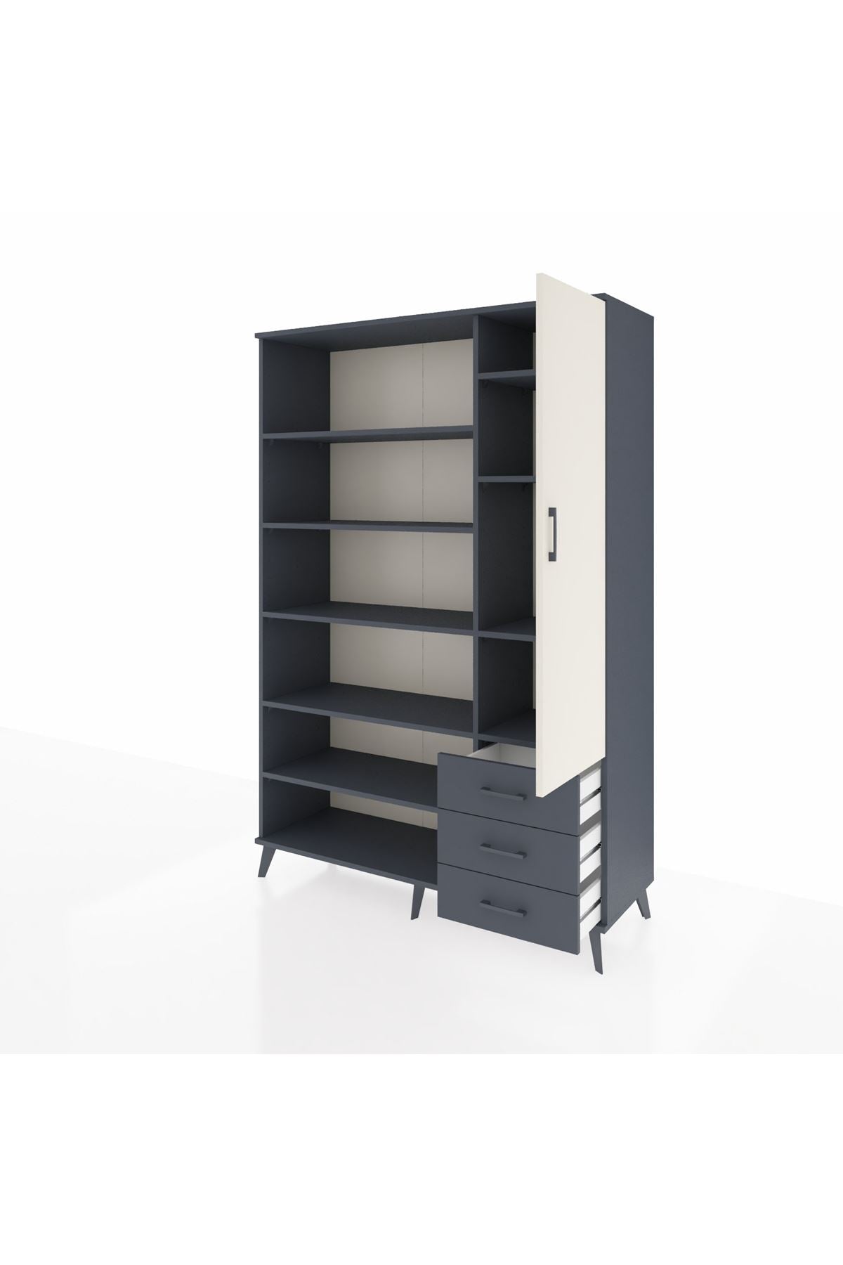 Hyperion Dolap 9 Raflı 3 Çekmeceli Tek Kapaklı  132x44x195 Antrasit-Aytaşı/Antrasit