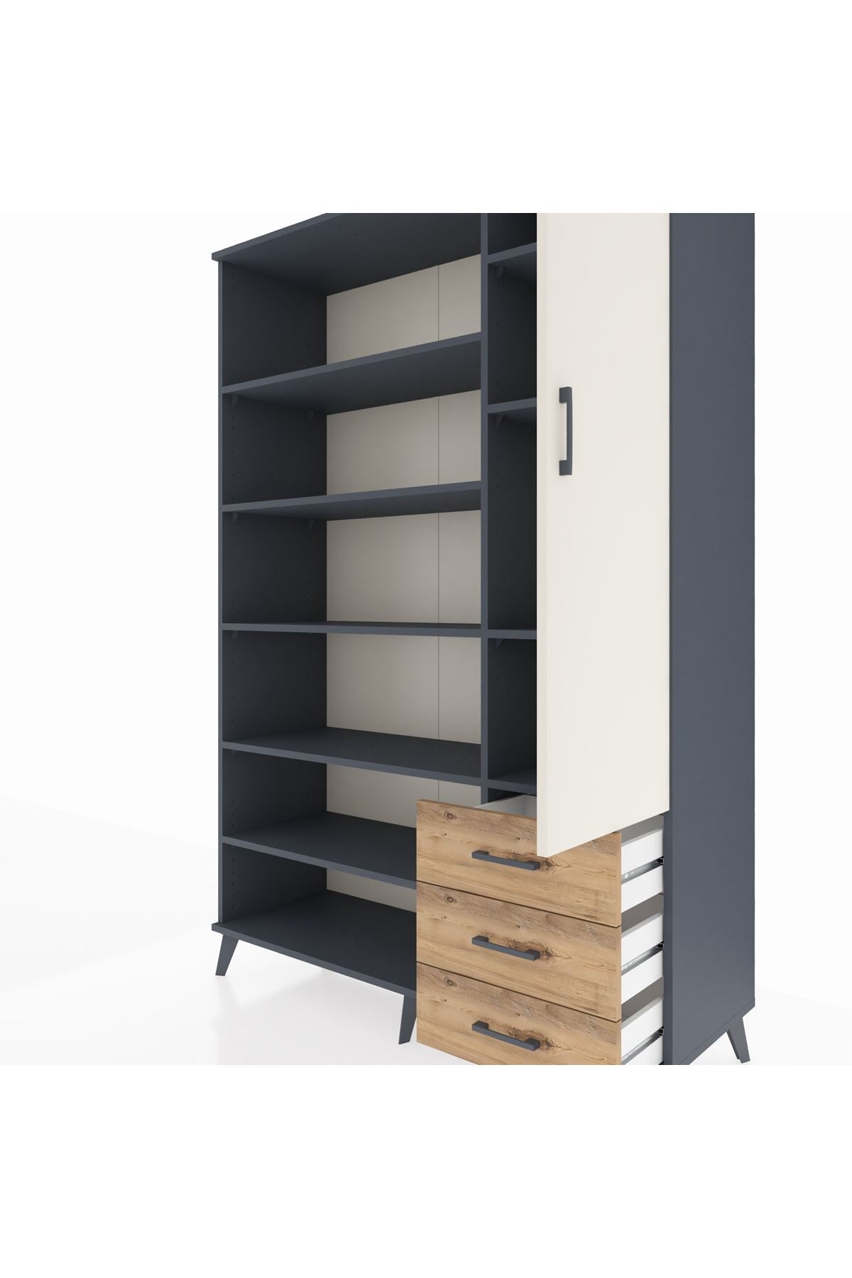 Hyperion Dolap 9 Raflı 3 Çekmeceli Tek Kapaklı  132x44x195 Antrasit-Aytaşı/Çam