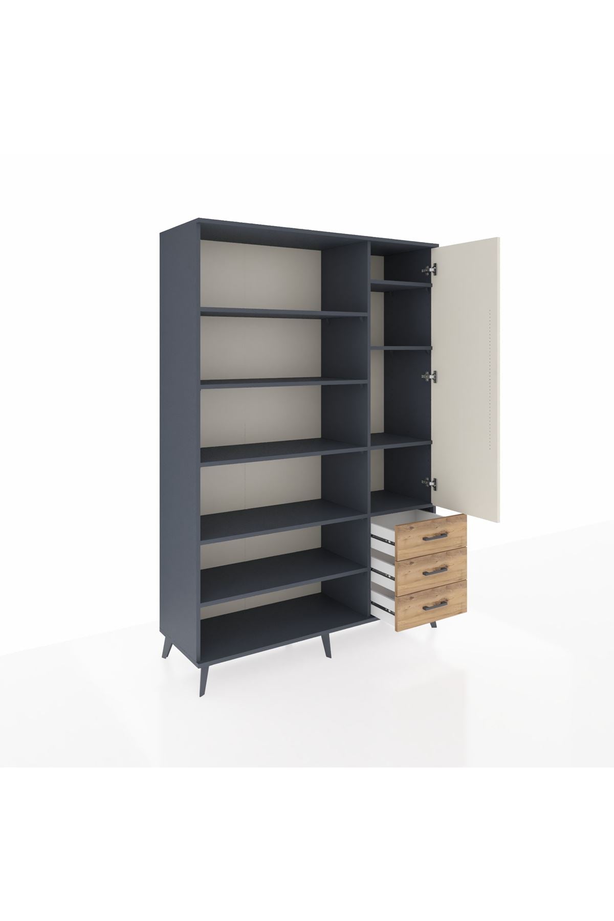 Hyperion Dolap 9 Raflı 3 Çekmeceli Tek Kapaklı  132x44x195 Antrasit-Aytaşı/Çam