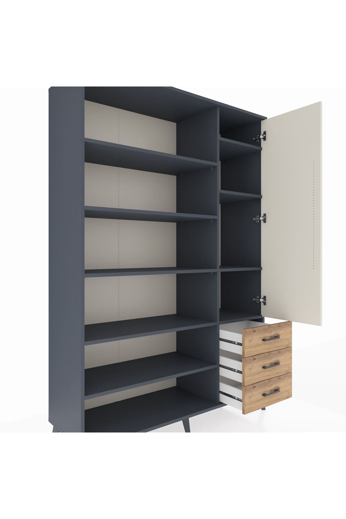 Hyperion Dolap 9 Raflı 3 Çekmeceli Tek Kapaklı  132x44x195 Antrasit-Aytaşı/Çam