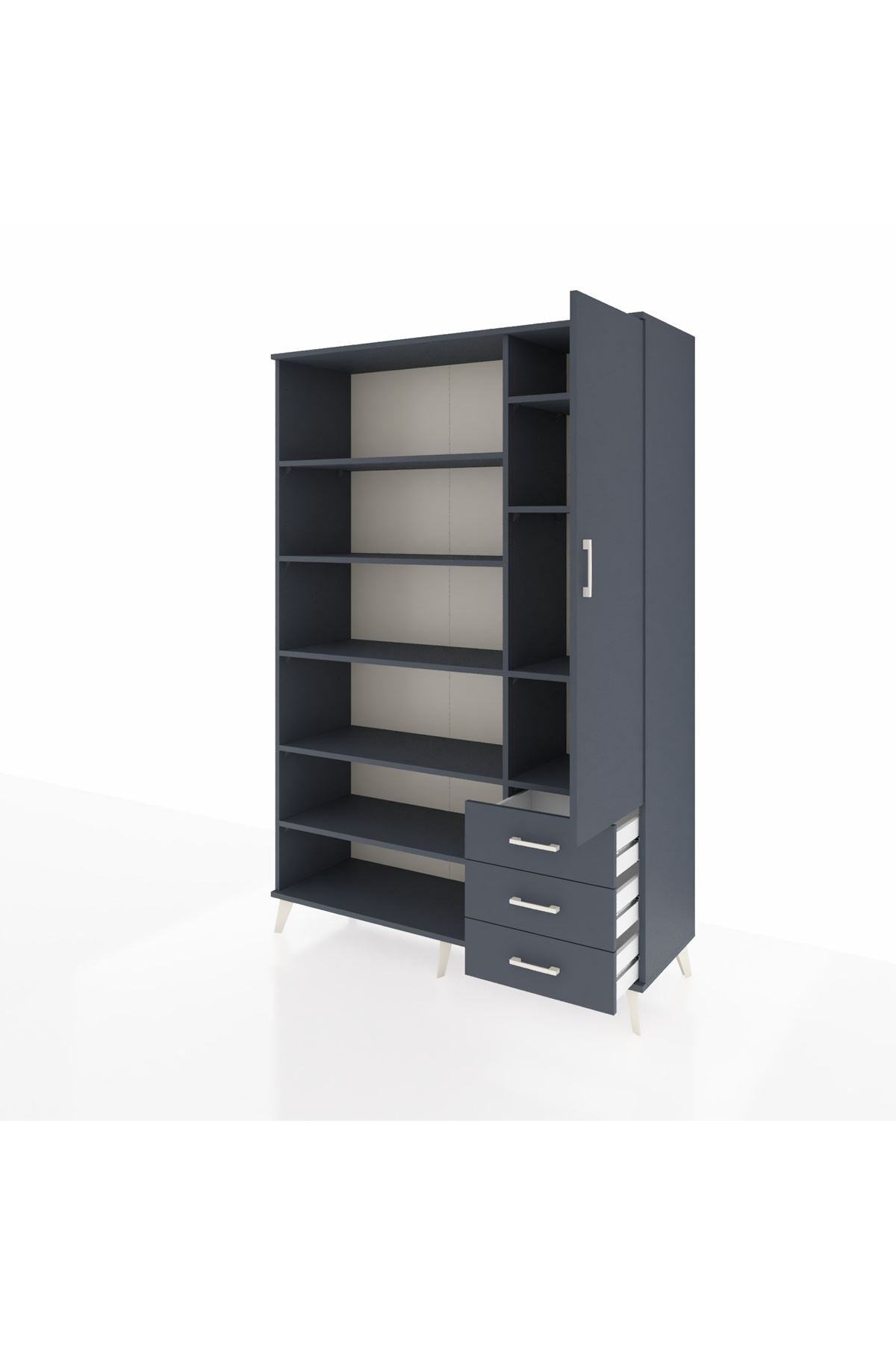 Hyperion Dolap 9 Raflı 3 Çekmeceli Tek Kapaklı  132x44x195 Antrasit-Antrasit/Antrasit