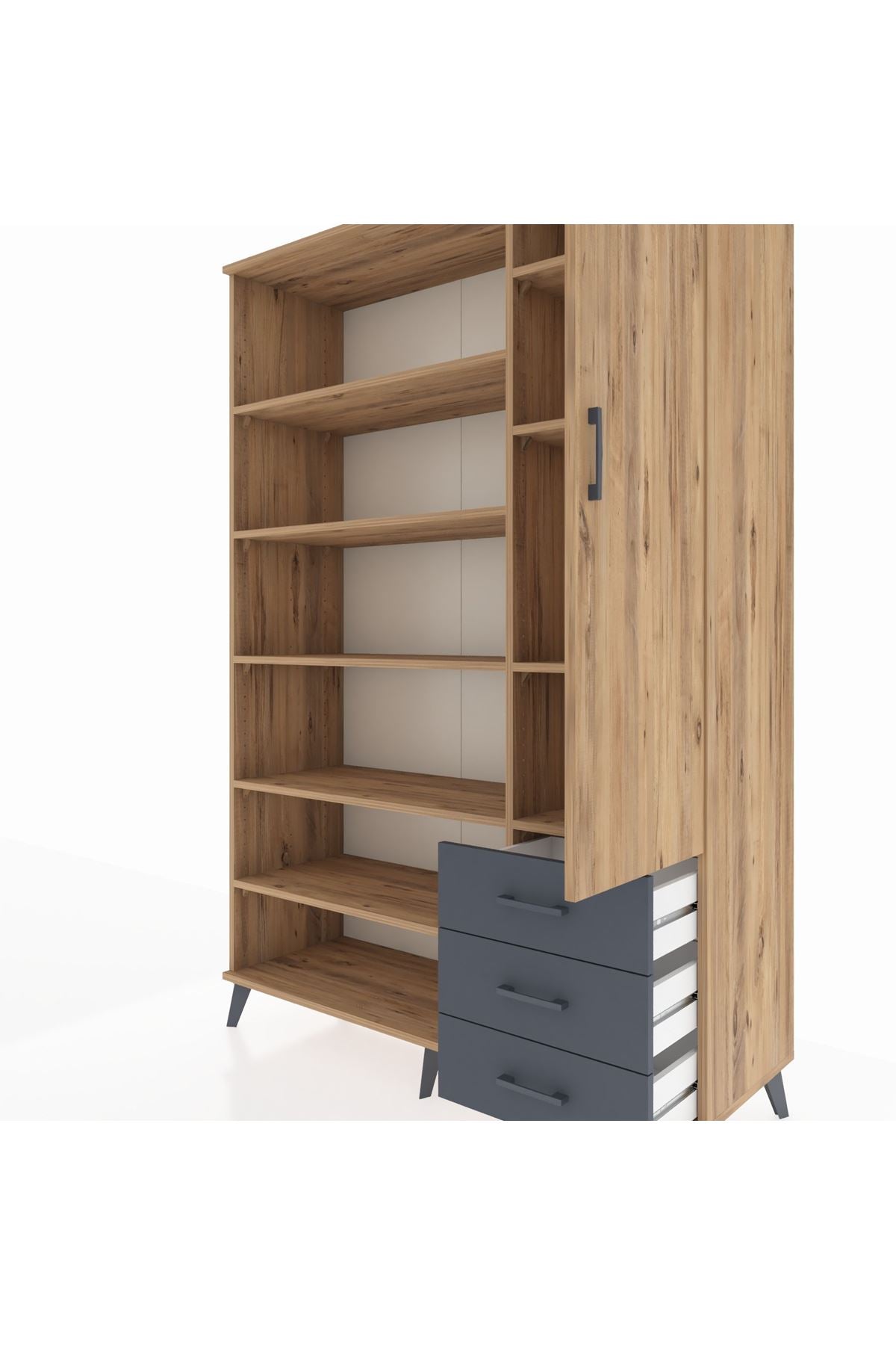 Hyperion Dolap 9 Raflı 3 Çekmeceli Tek Kapaklı  132x44x195 Çam-Çam/Antrasit