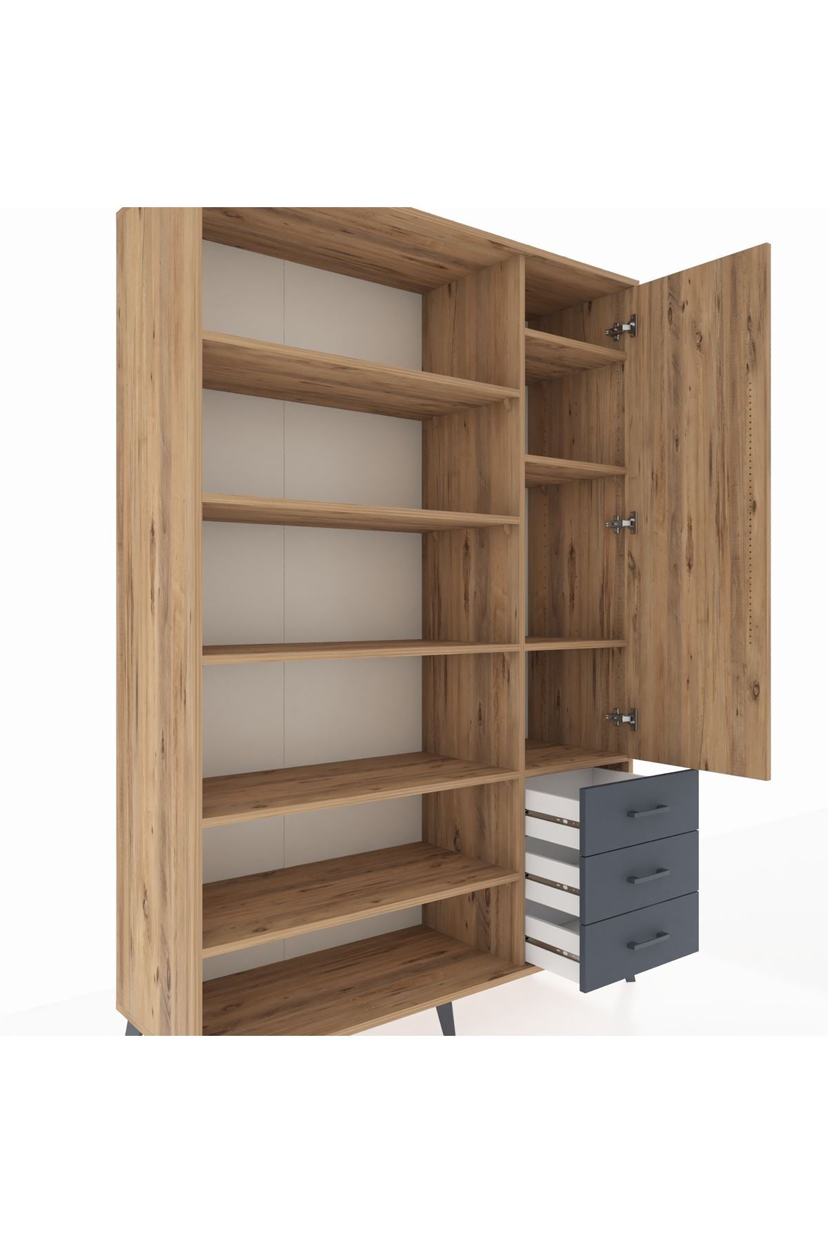 Hyperion Dolap 9 Raflı 3 Çekmeceli Tek Kapaklı  132x44x195 Çam-Çam/Antrasit