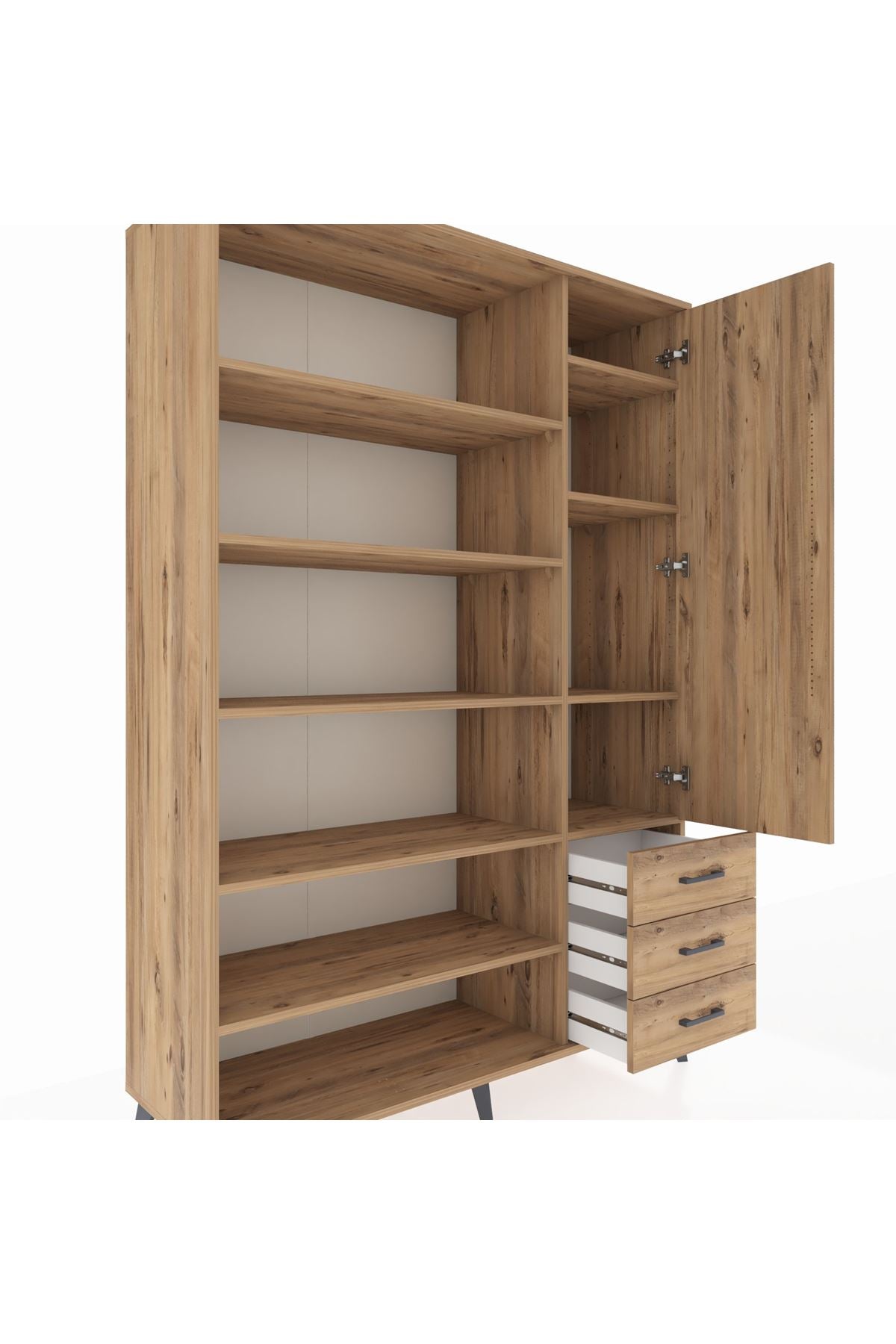 Hyperion Dolap 9 Raflı 3 Çekmeceli Tek Kapaklı  132x44x195 Çam-Çam/Çam