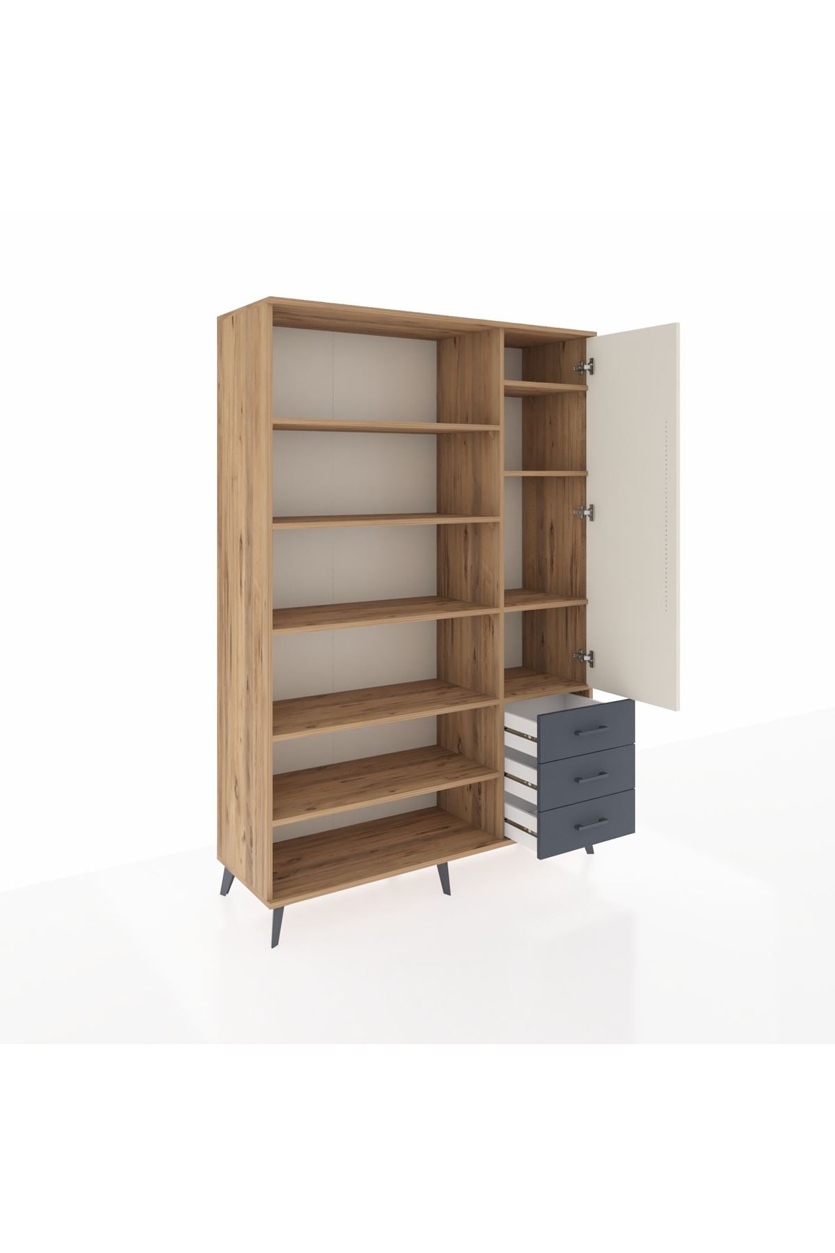 Hyperion Dolap 9 Raflı 3 Çekmeceli Tek Kapaklı  132x44x195 Çam-Aytaşı/Antrasit