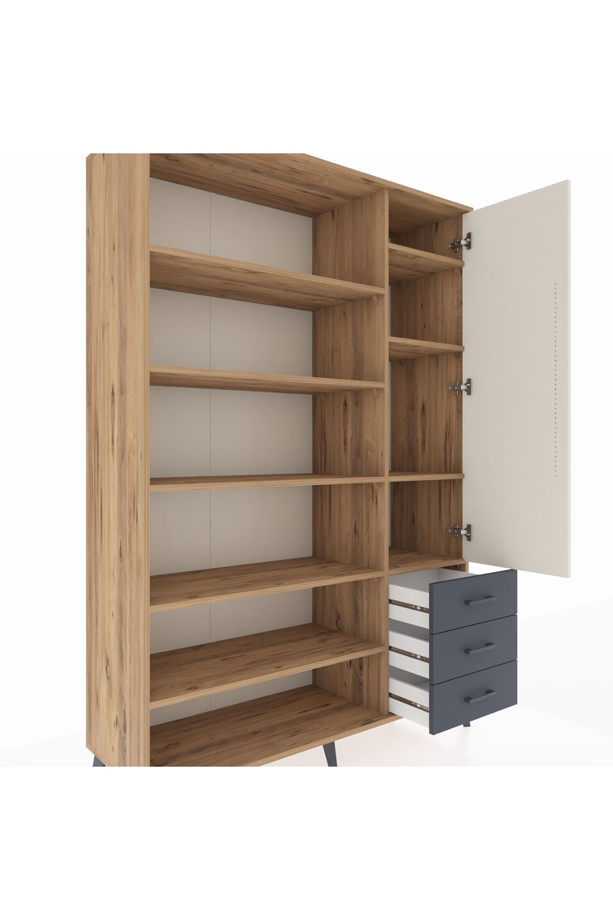 Hyperion Dolap 9 Raflı 3 Çekmeceli Tek Kapaklı  132x44x195 Çam-Aytaşı/Antrasit