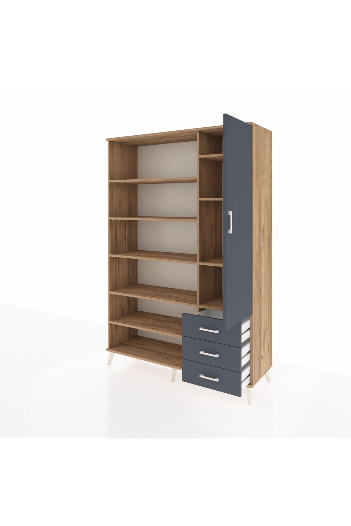 Hyperion Dolap 9 Raflı 3 Çekmeceli Tek Kapaklı  132x44x195 Çam-Antrasit/Antrasit