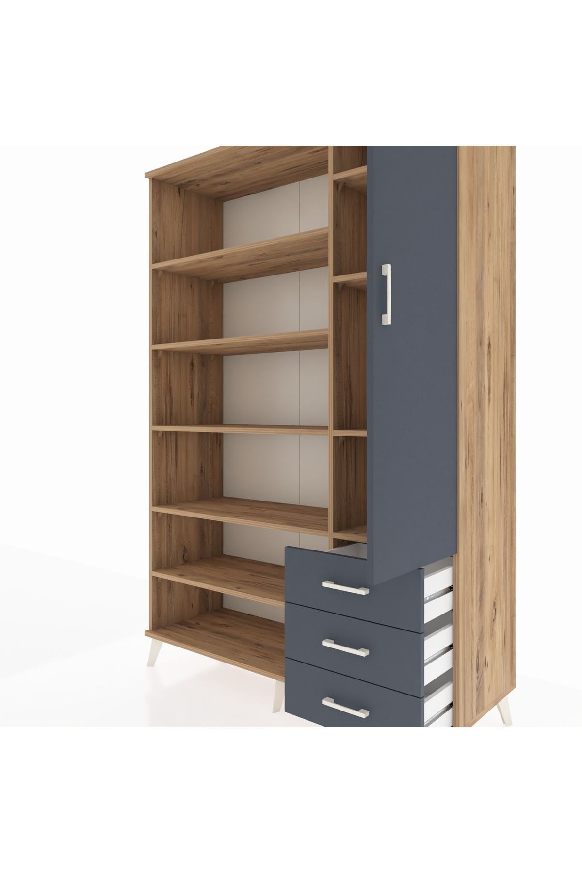 Hyperion Dolap 9 Raflı 3 Çekmeceli Tek Kapaklı  132x44x195 Çam-Antrasit/Antrasit