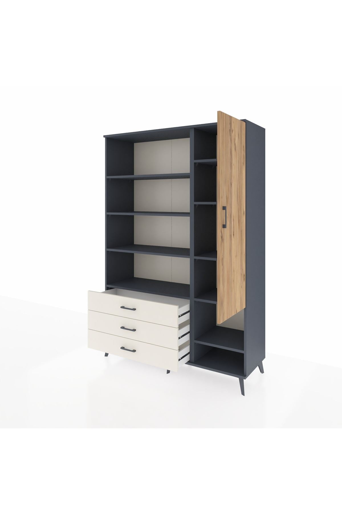 Hyperion Dolap 9 Raflı 3 Çekmeceli Tek Kapaklı  132x44x195 Antrasit-Çam/Aytaşı