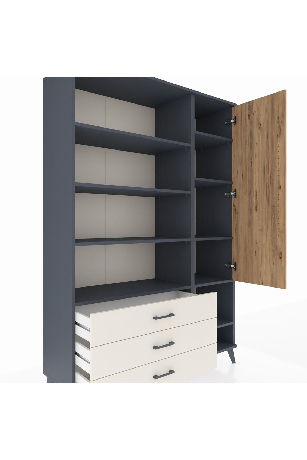 Hyperion Dolap 9 Raflı 3 Çekmeceli Tek Kapaklı  132x44x195 Antrasit-Çam/Aytaşı