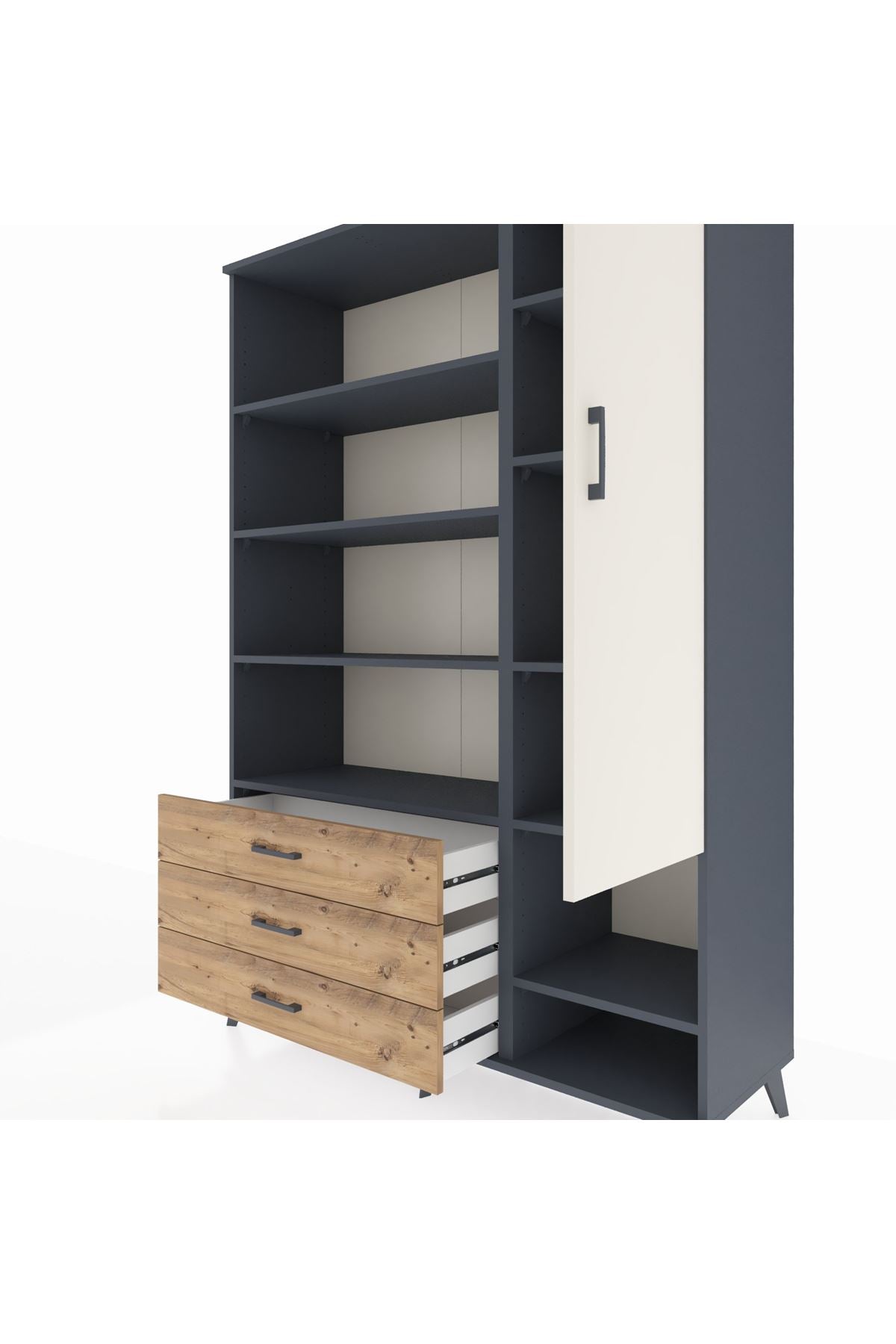 Hyperion Dolap 9 Raflı 3 Çekmeceli Tek Kapaklı  132x44x195 Antrasit-Aytaşı/Çam