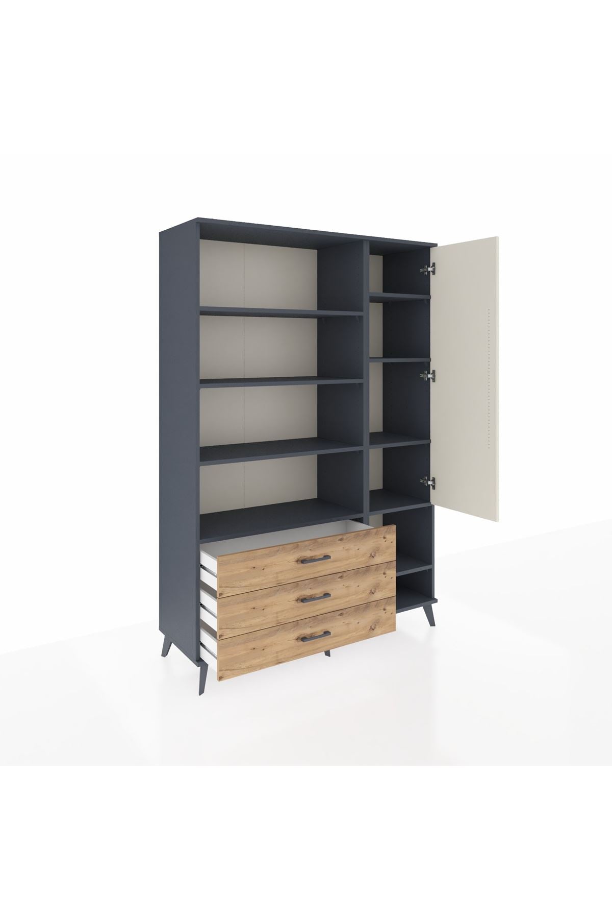 Hyperion Dolap 9 Raflı 3 Çekmeceli Tek Kapaklı  132x44x195 Antrasit-Aytaşı/Çam