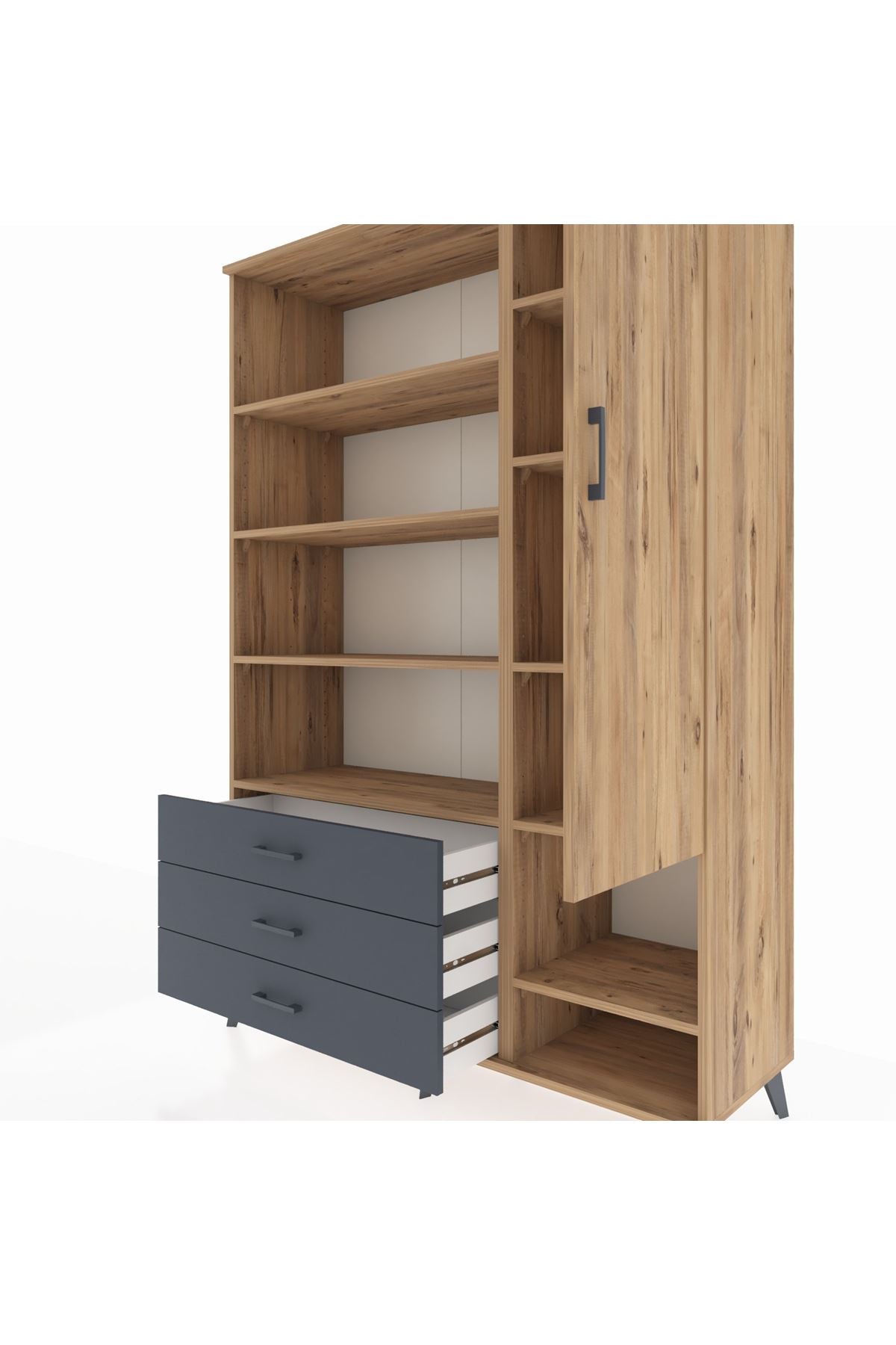 Hyperion Dolap 9 Raflı 3 Çekmeceli Tek Kapaklı  132x44x195 Çam-Çam/Antrasit