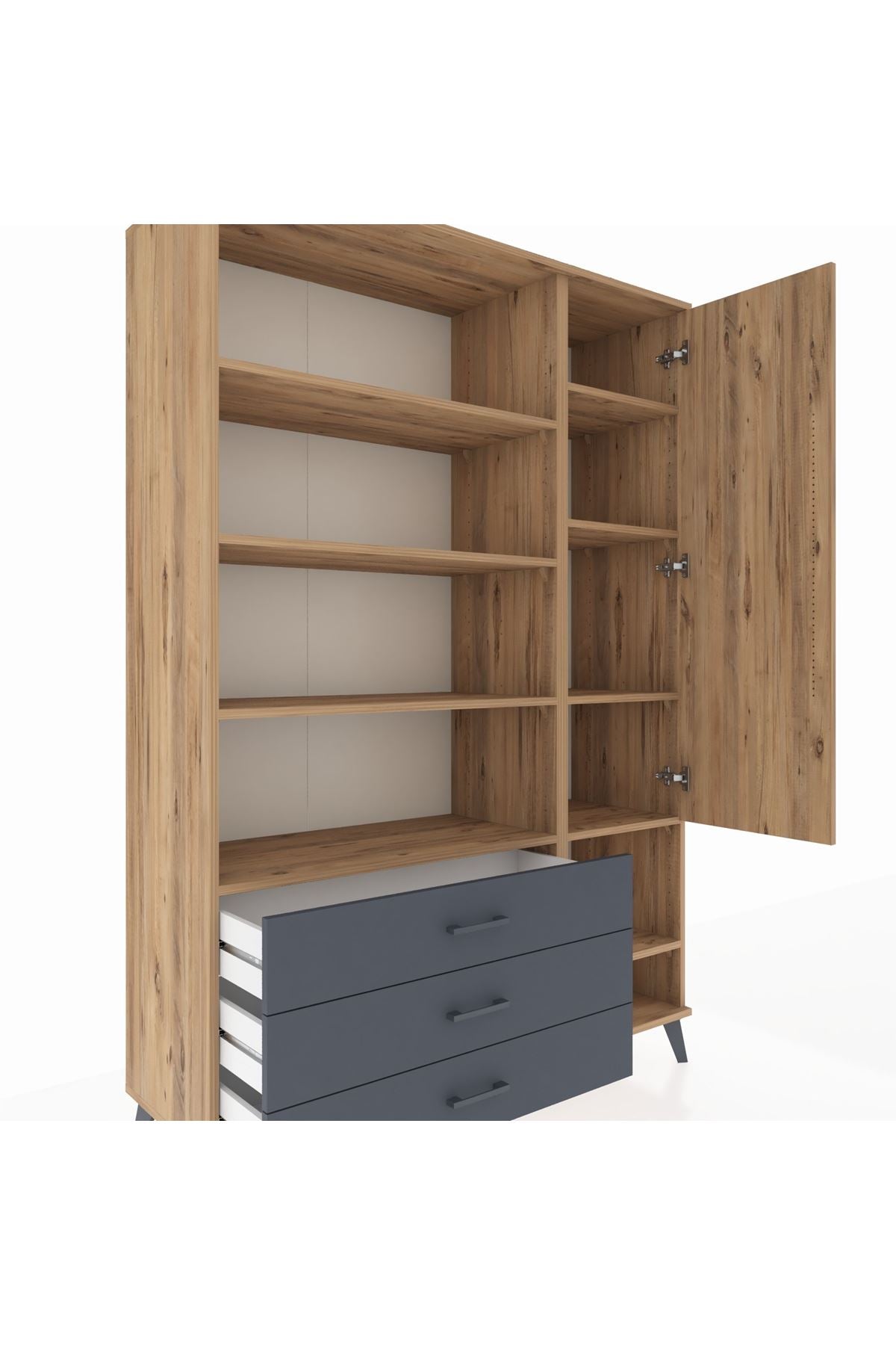 Hyperion Dolap 9 Raflı 3 Çekmeceli Tek Kapaklı  132x44x195 Çam-Çam/Antrasit