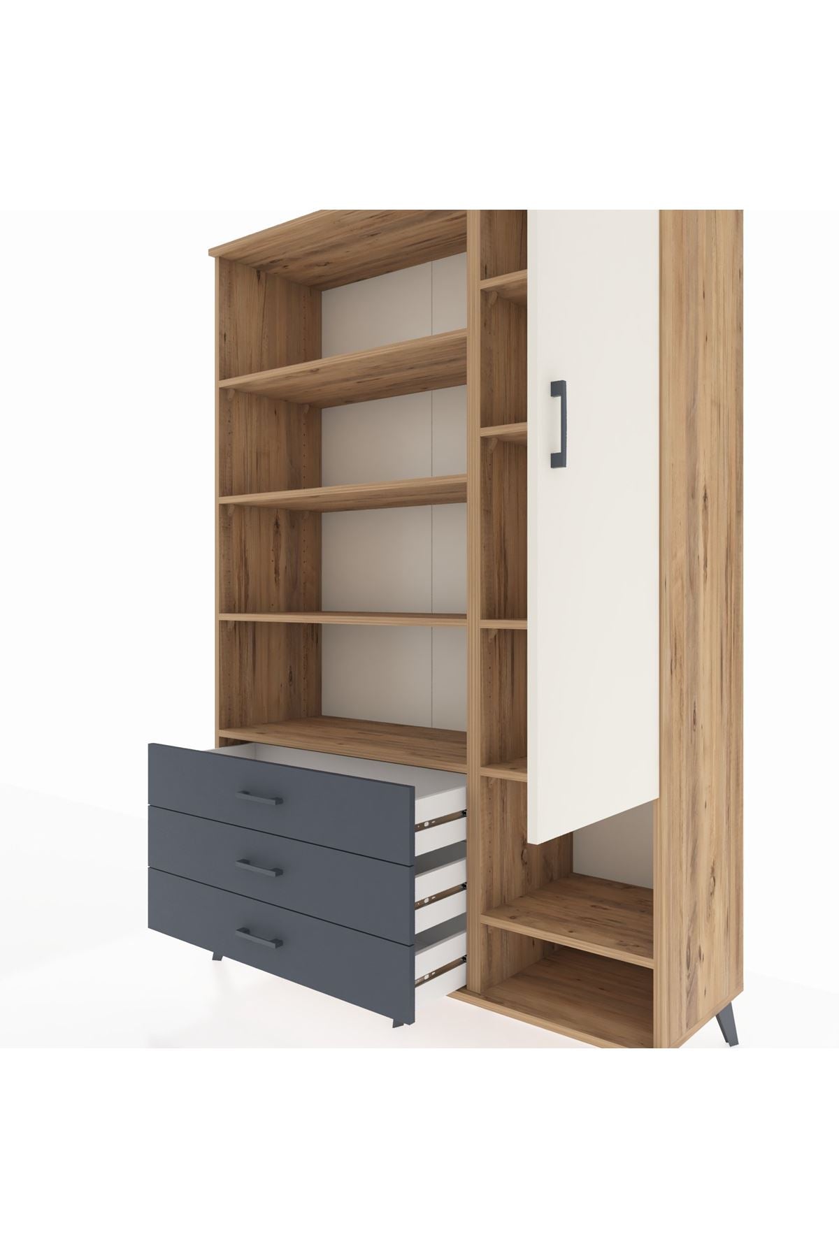 Hyperion Dolap 9 Raflı 3 Çekmeceli Tek Kapaklı  132x44x195 Çam-Aytaşı/Antrasit