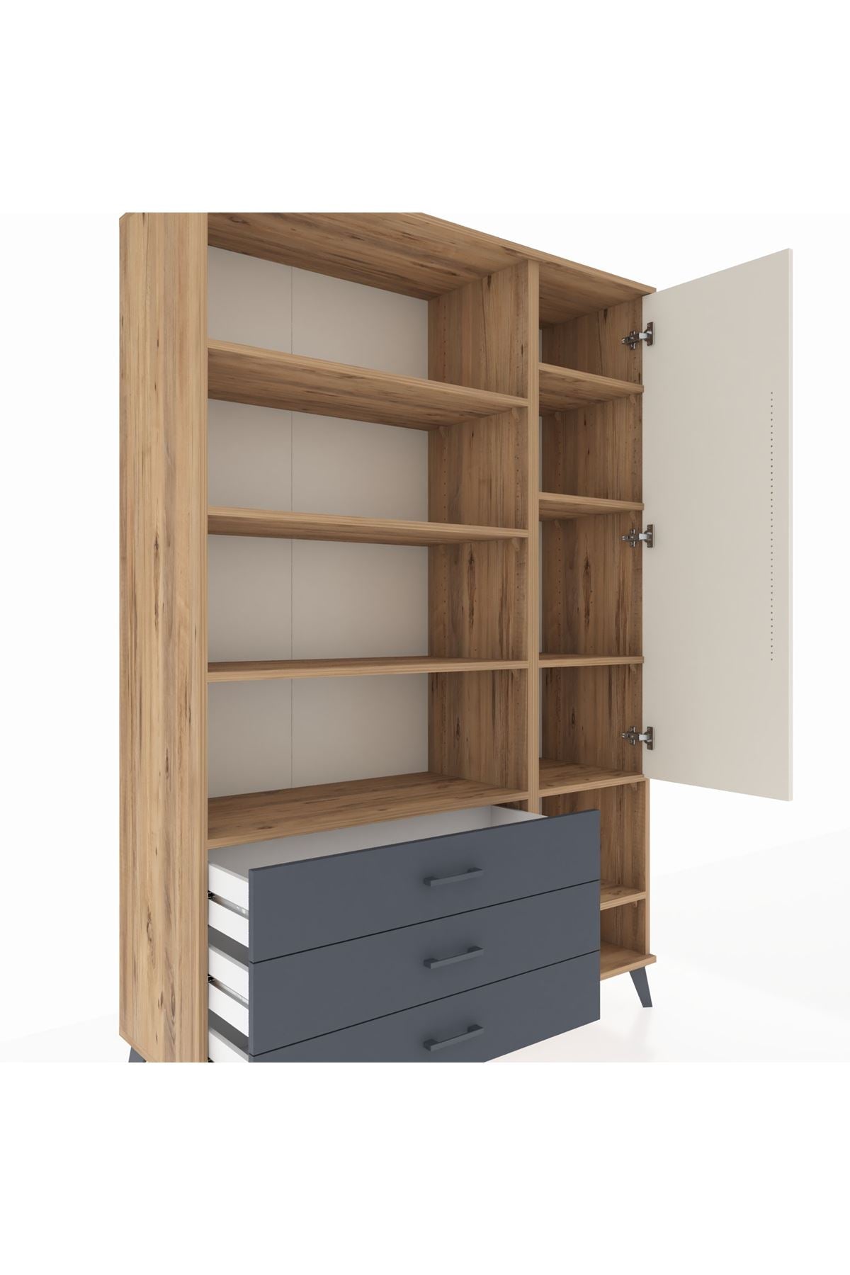 Hyperion Dolap 9 Raflı 3 Çekmeceli Tek Kapaklı  132x44x195 Çam-Aytaşı/Antrasit