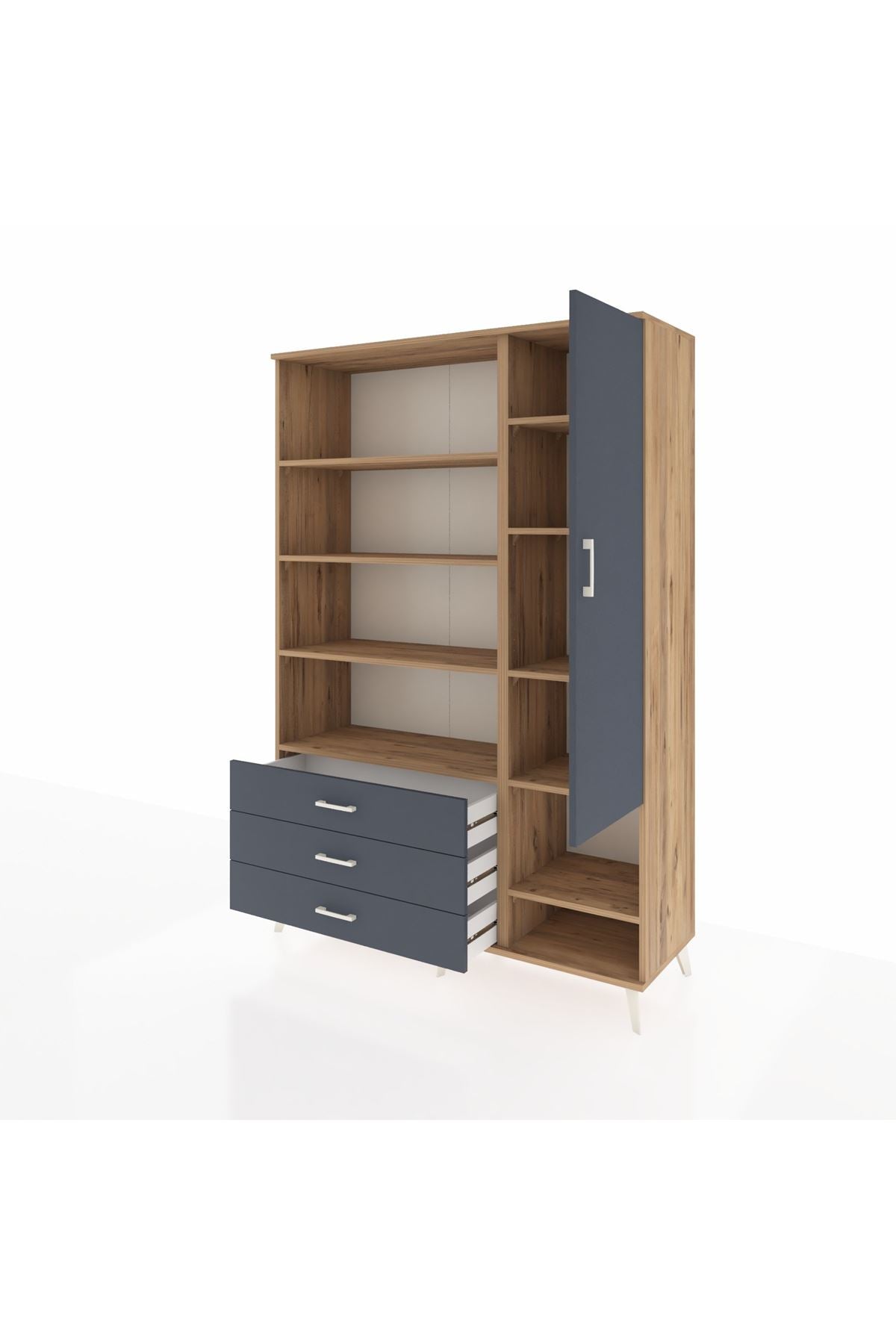 Hyperion Dolap 9 Raflı 3 Çekmeceli Tek Kapaklı  132x44x195 Çam-Antrasit/Antrasit