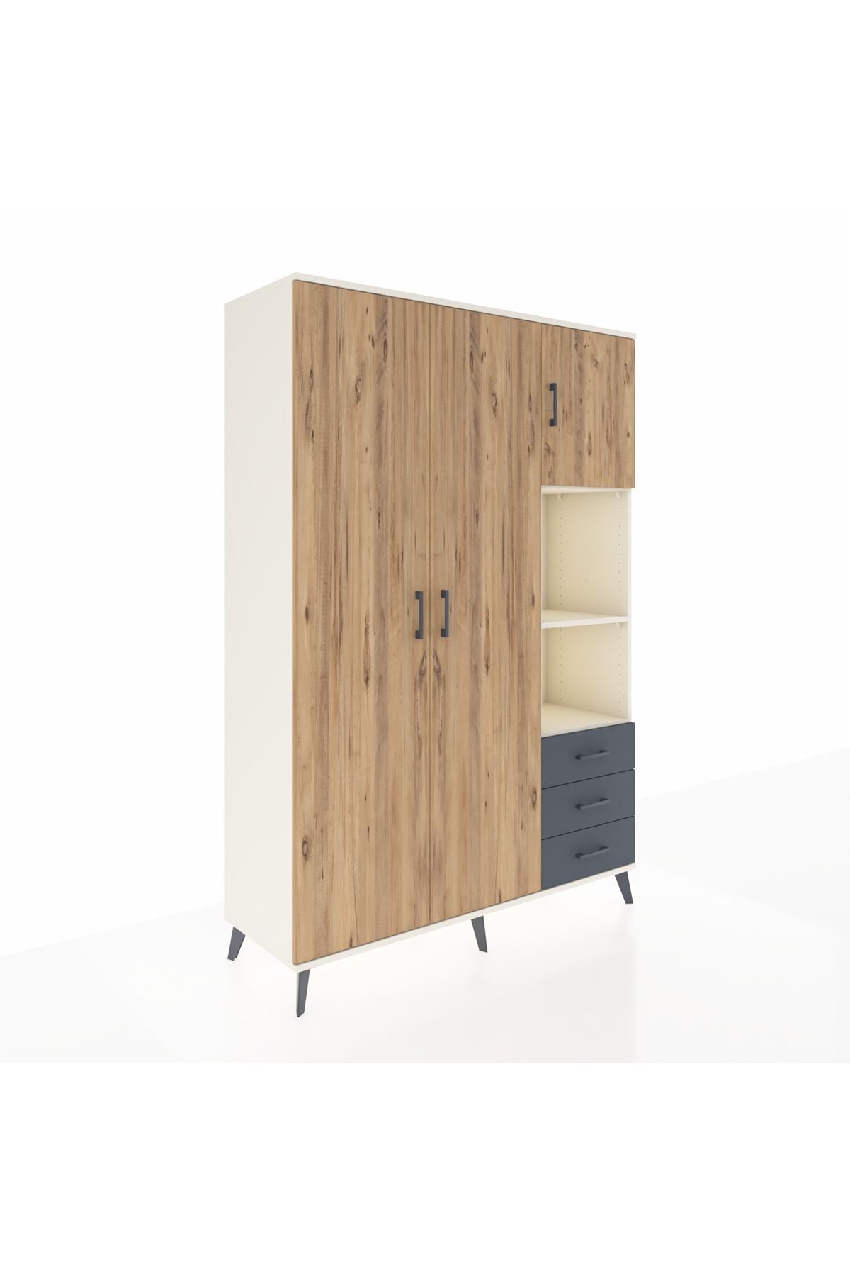 Hyperion Dolap 5 Raflı 3 Çekmeceli Tek Askılı 132x44x195 Aytaşı-Çam/Antrasit