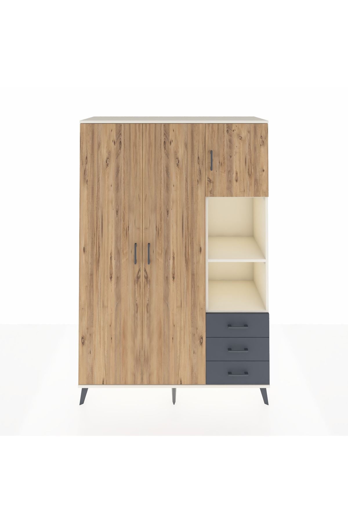 Hyperion Dolap 5 Raflı 3 Çekmeceli Tek Askılı 132x44x195 Aytaşı-Çam/Antrasit