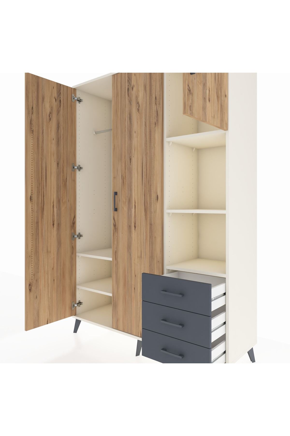 Hyperion Dolap 5 Raflı 3 Çekmeceli Tek Askılı 132x44x195 Aytaşı-Çam/Antrasit