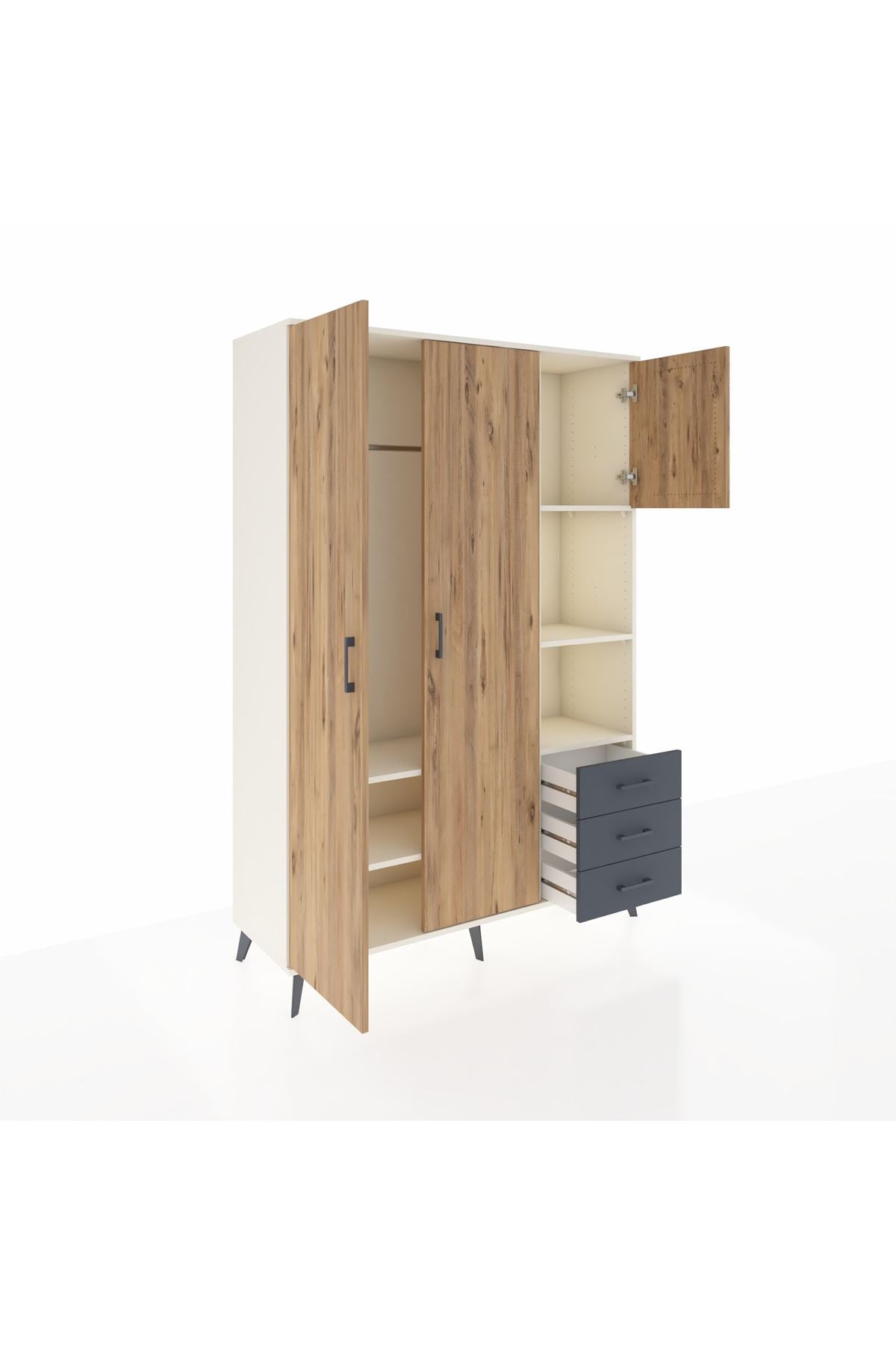 Hyperion Dolap 5 Raflı 3 Çekmeceli Tek Askılı 132x44x195 Aytaşı-Çam/Antrasit