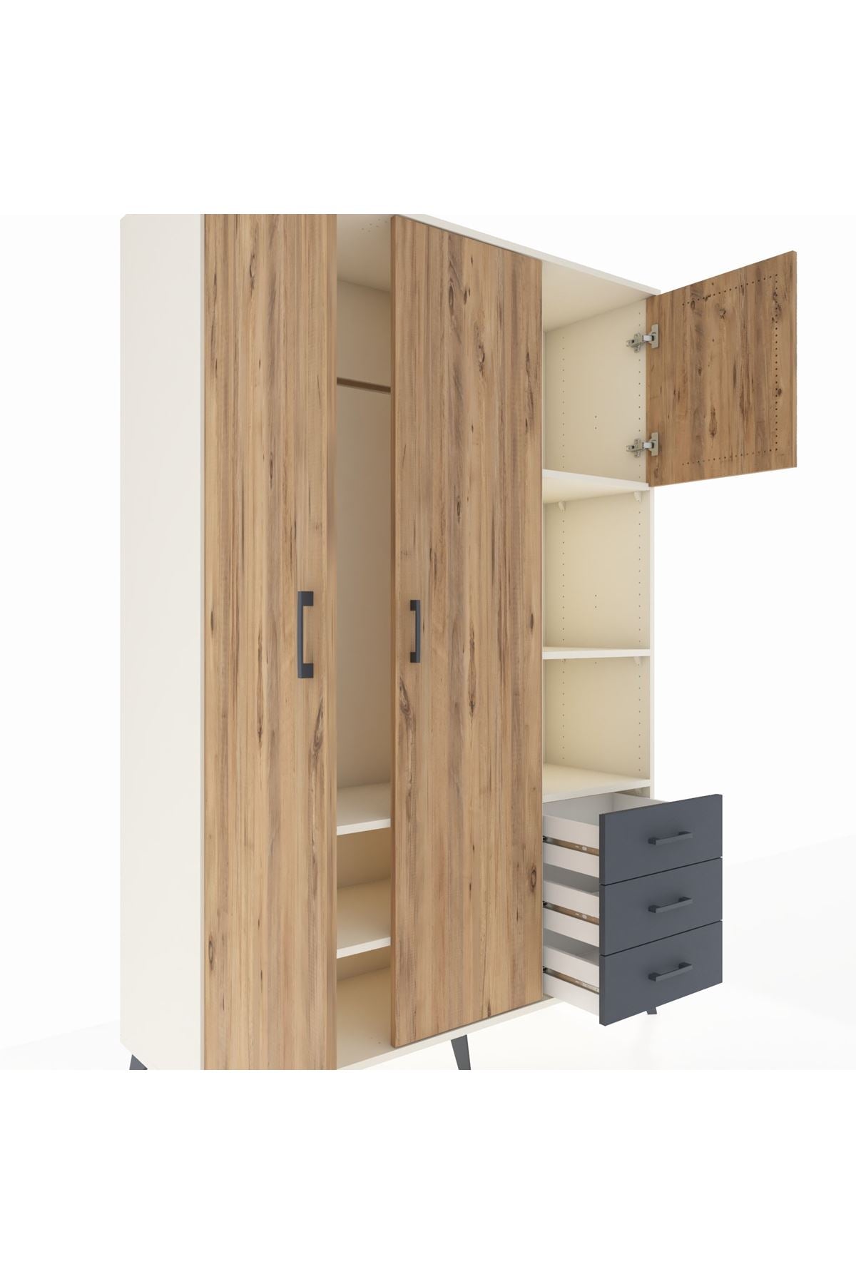 Hyperion Dolap 5 Raflı 3 Çekmeceli Tek Askılı 132x44x195 Aytaşı-Çam/Antrasit