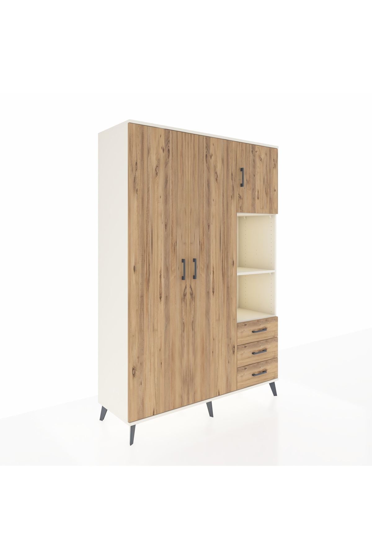 Hyperion Dolap 5 Raflı 3 Çekmeceli Tek Askılı 132x44x195 Aytaşı-Çam/Çam