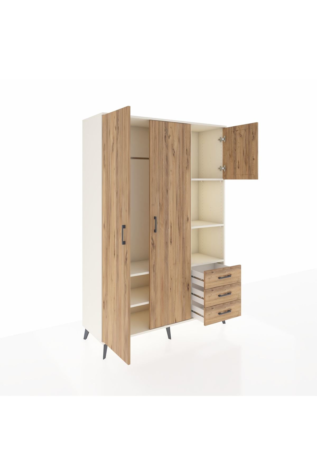 Hyperion Dolap 5 Raflı 3 Çekmeceli Tek Askılı 132x44x195 Aytaşı-Çam/Çam