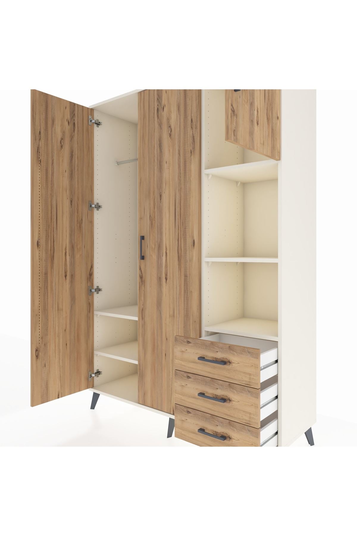 Hyperion Dolap 5 Raflı 3 Çekmeceli Tek Askılı 132x44x195 Aytaşı-Çam/Çam