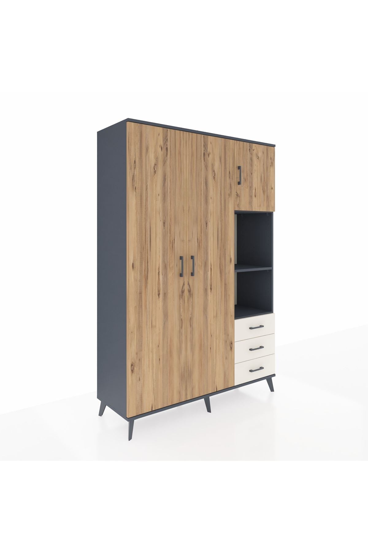 Hyperion Dolap 5 Raflı 3 Çekmeceli Tek Askılı 132x44x195 Antrasit-Çam/Aytaşı