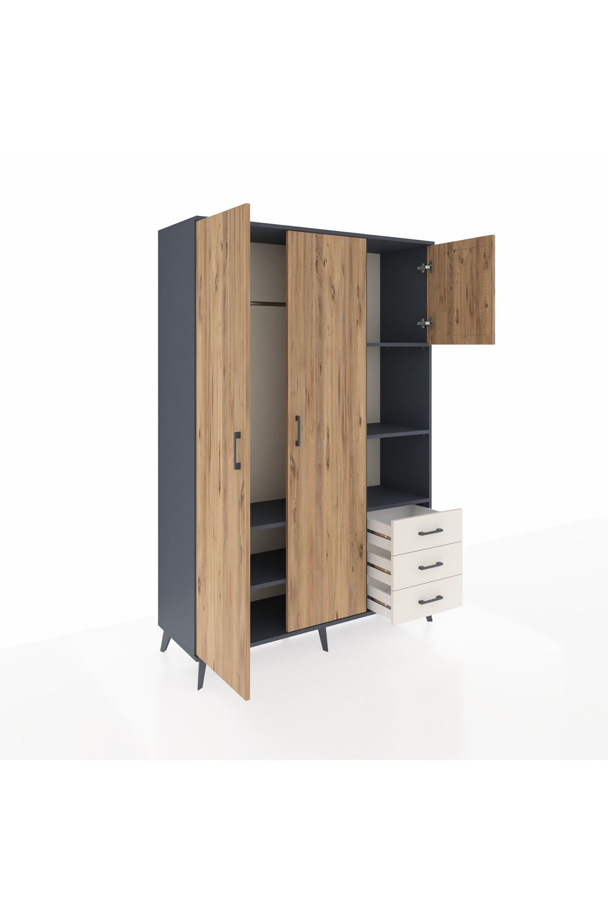 Hyperion Dolap 5 Raflı 3 Çekmeceli Tek Askılı 132x44x195 Antrasit-Çam/Aytaşı