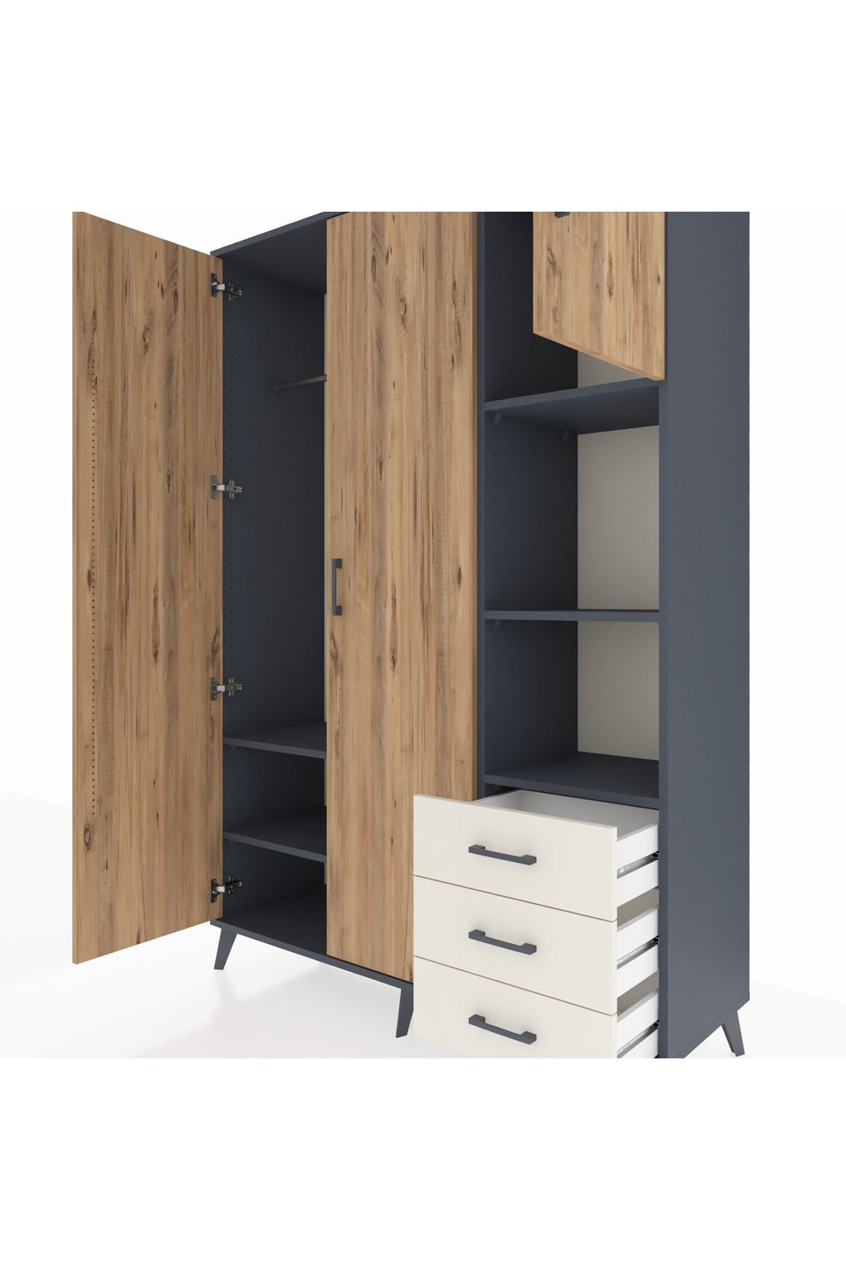 Hyperion Dolap 5 Raflı 3 Çekmeceli Tek Askılı 132x44x195 Antrasit-Çam/Aytaşı