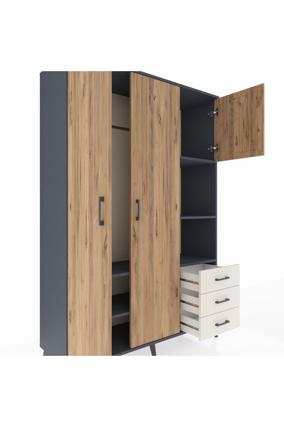 Hyperion Dolap 5 Raflı 3 Çekmeceli Tek Askılı 132x44x195 Antrasit-Çam/Aytaşı