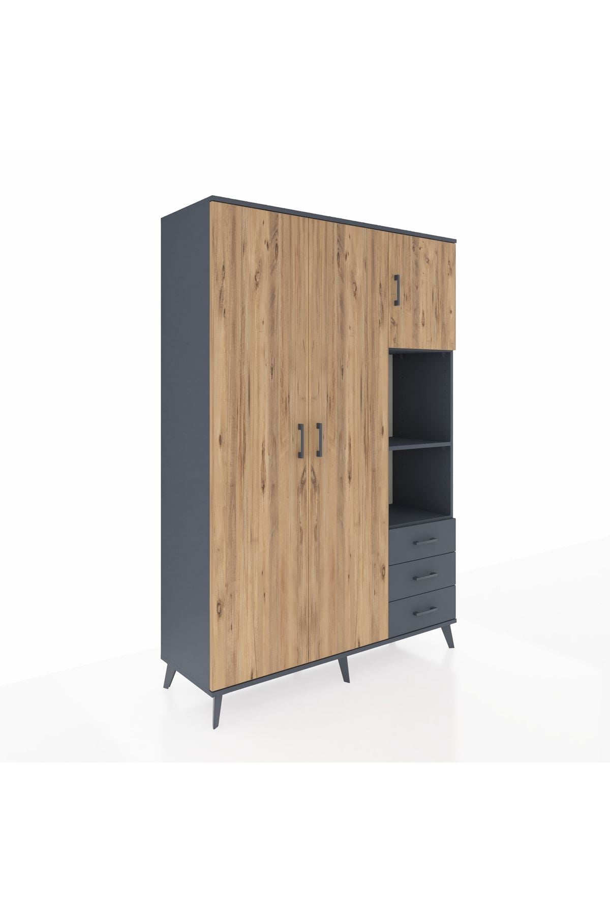 Hyperion Dolap 5 Raflı 3 Çekmeceli Tek Askılı 132x44x195 Antrasit-Çam/Antrasit