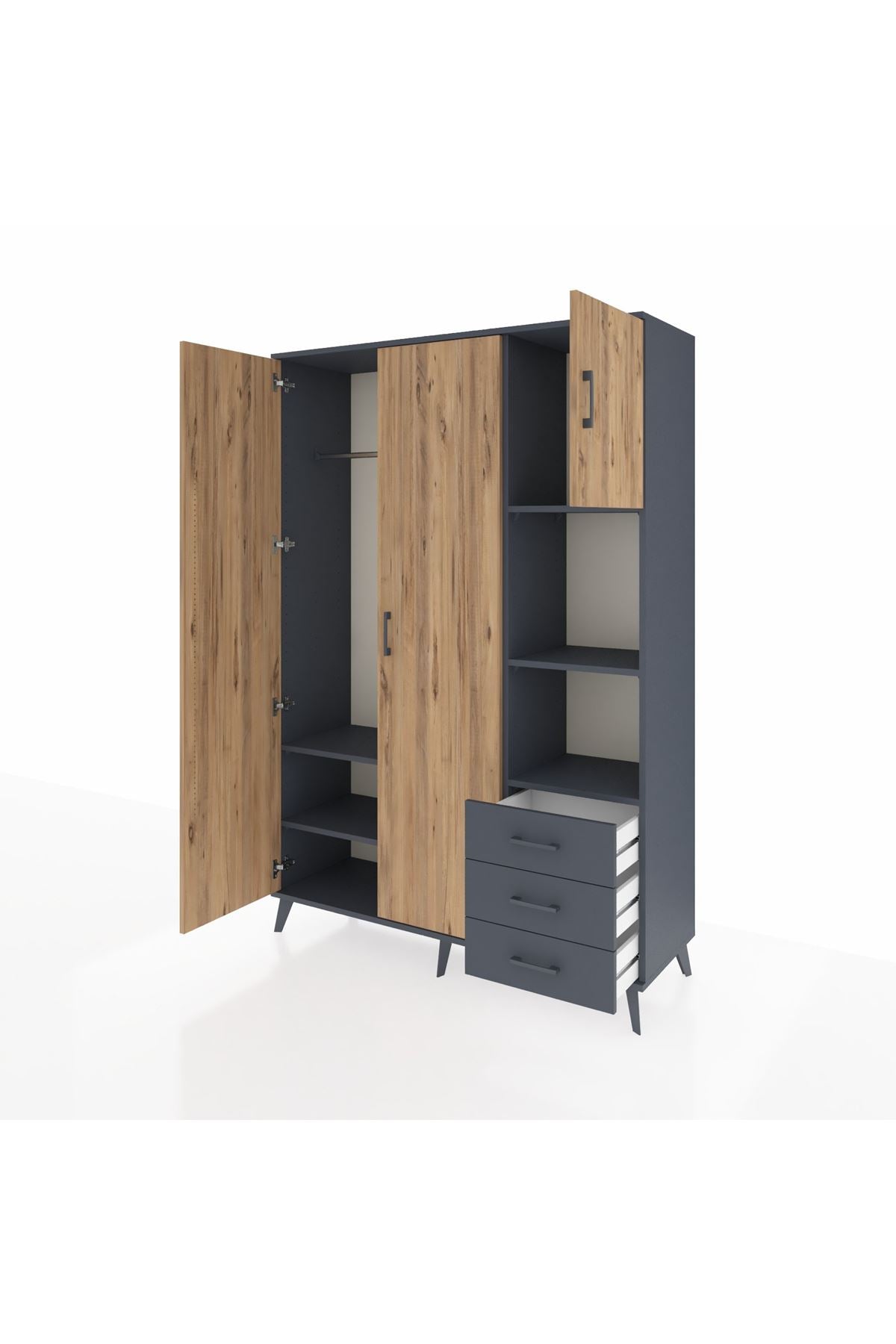 Hyperion Dolap 5 Raflı 3 Çekmeceli Tek Askılı 132x44x195 Antrasit-Çam/Antrasit