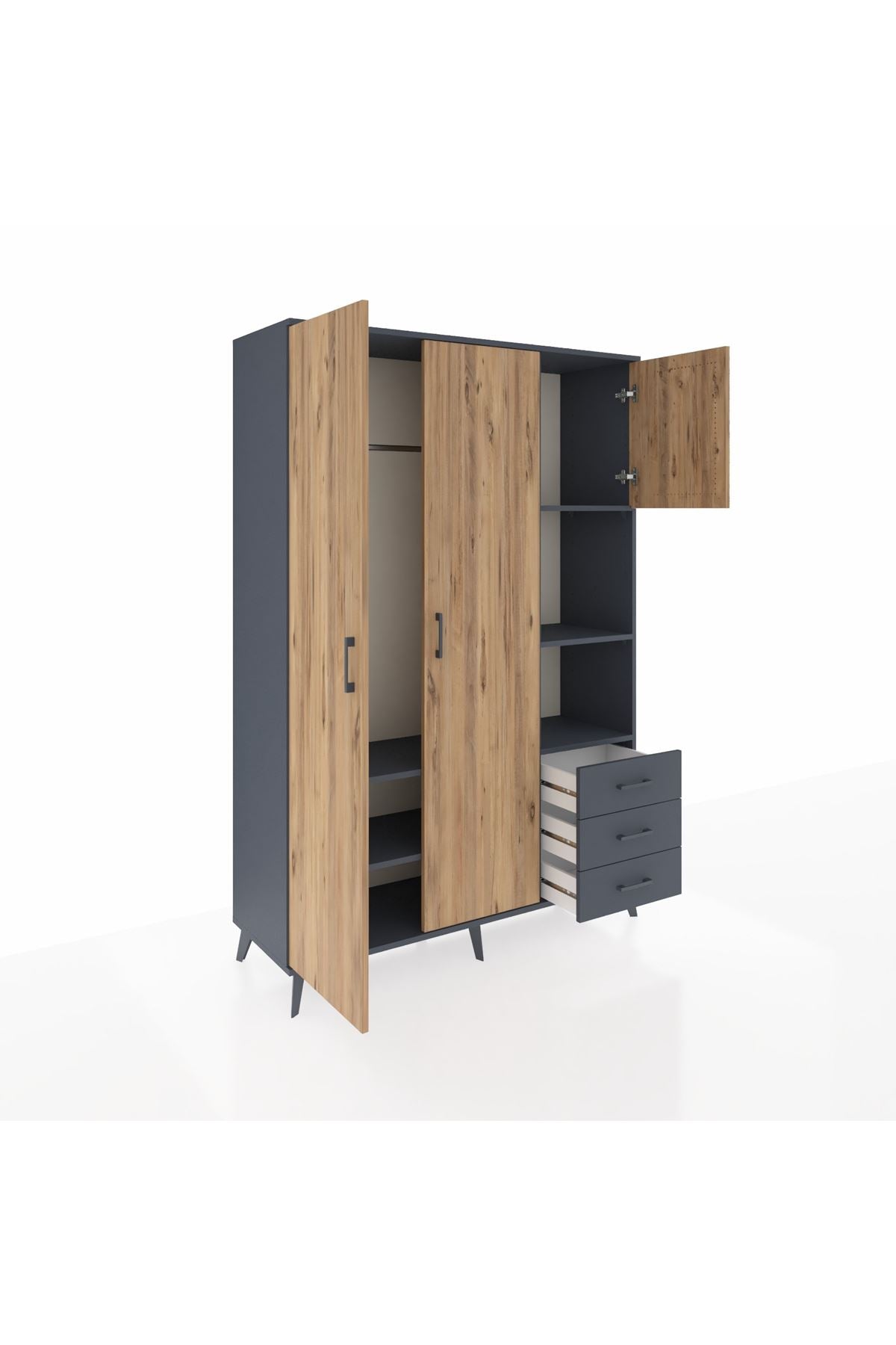 Hyperion Dolap 5 Raflı 3 Çekmeceli Tek Askılı 132x44x195 Antrasit-Çam/Antrasit