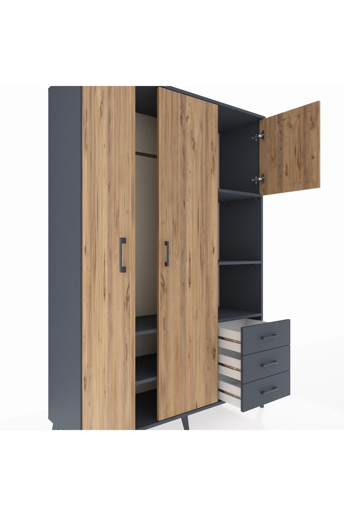 Hyperion Dolap 5 Raflı 3 Çekmeceli Tek Askılı 132x44x195 Antrasit-Çam/Antrasit