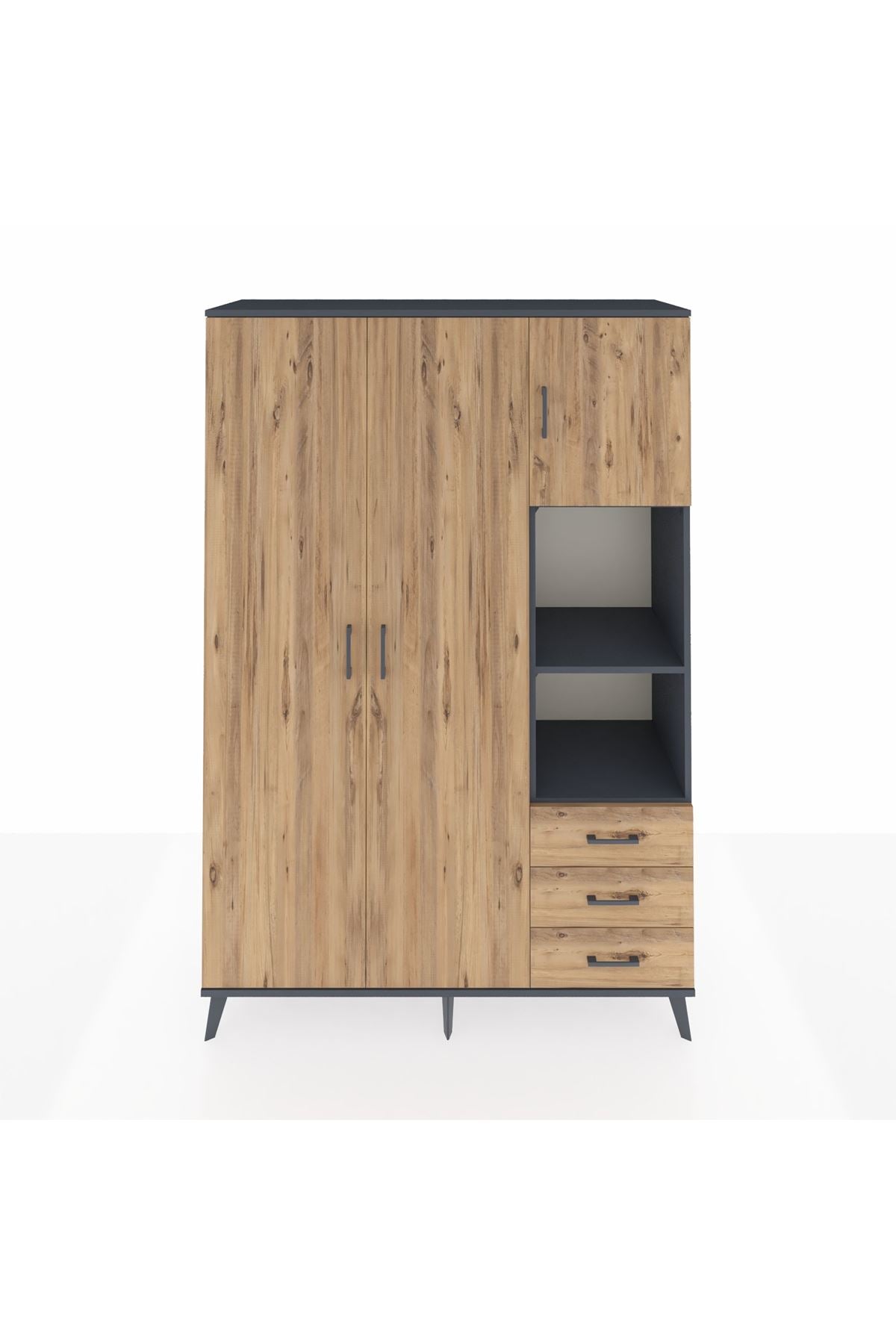 Hyperion Dolap 5 Raflı 3 Çekmeceli Tek Askılı 132x44x195 Antrasit-Çam/Çam