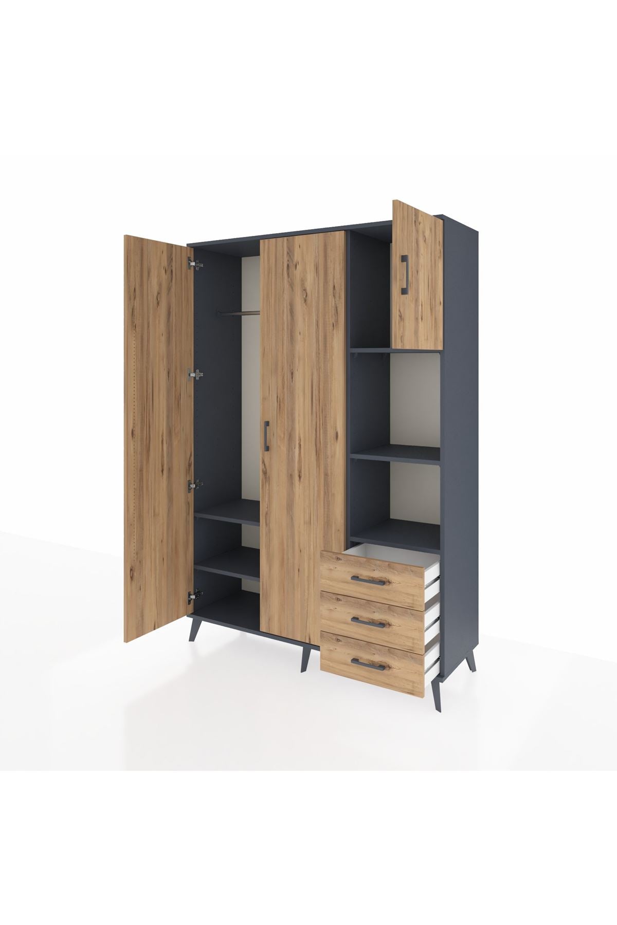 Hyperion Dolap 5 Raflı 3 Çekmeceli Tek Askılı 132x44x195 Antrasit-Çam/Çam