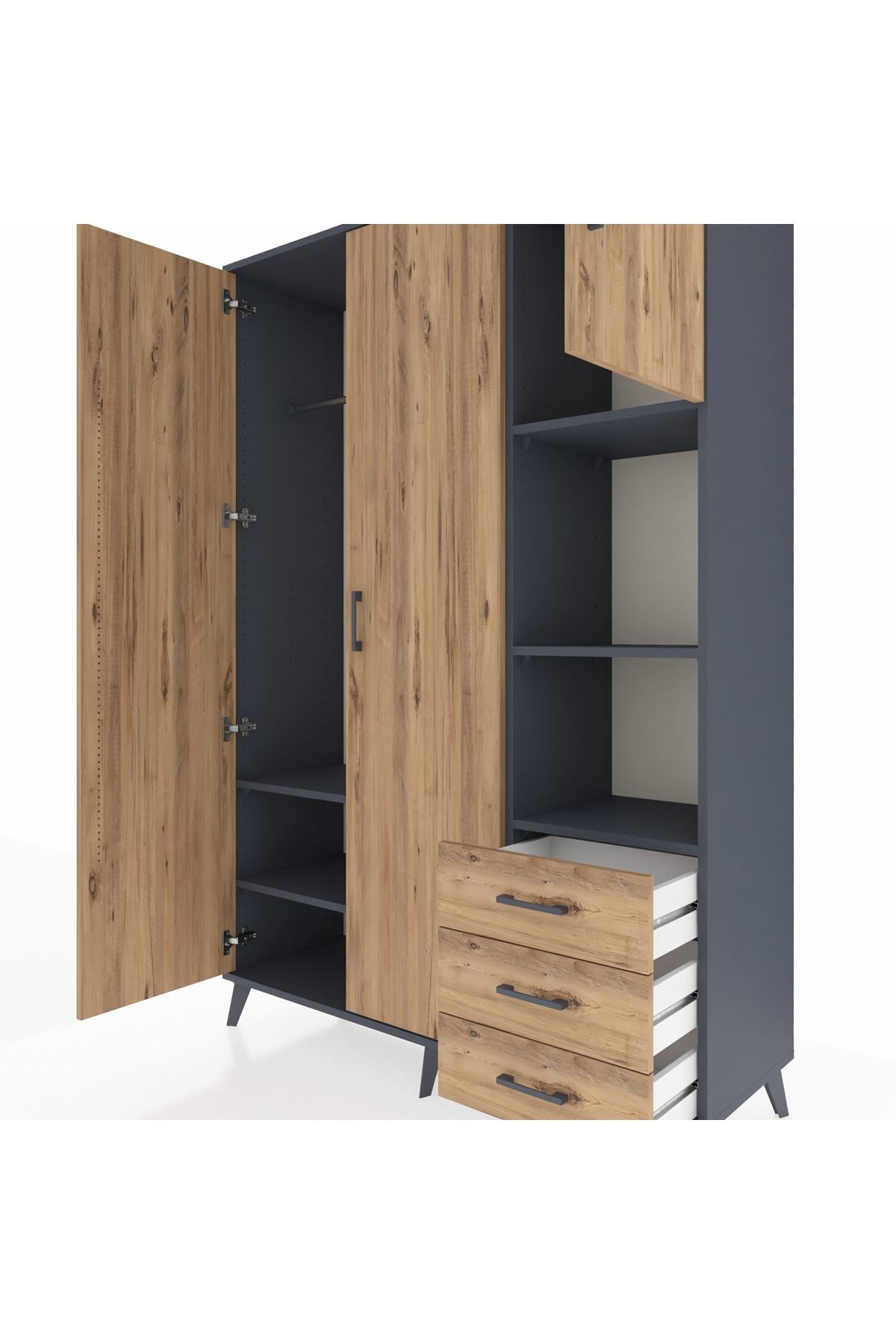 Hyperion Dolap 5 Raflı 3 Çekmeceli Tek Askılı 132x44x195 Antrasit-Çam/Çam