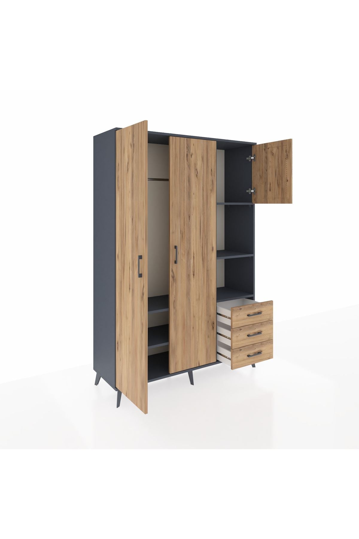 Hyperion Dolap 5 Raflı 3 Çekmeceli Tek Askılı 132x44x195 Antrasit-Çam/Çam