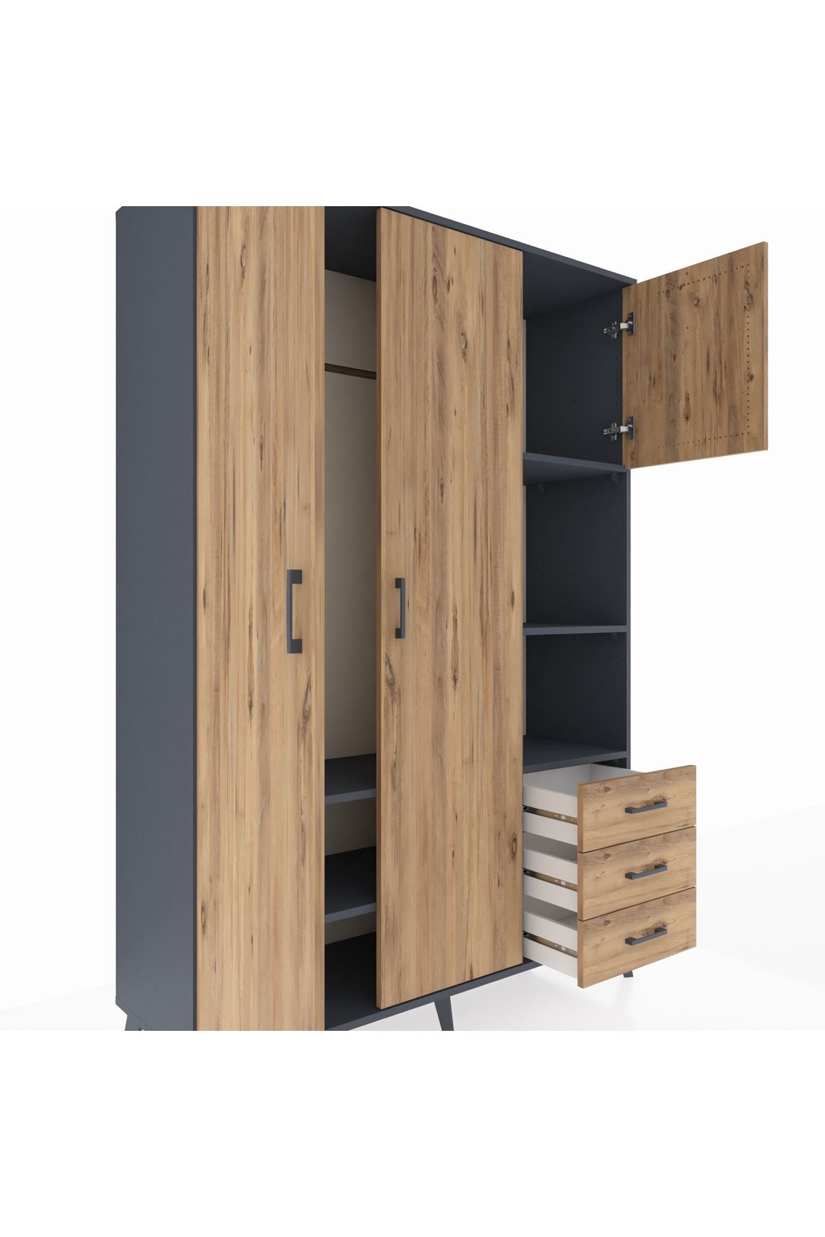 Hyperion Dolap 5 Raflı 3 Çekmeceli Tek Askılı 132x44x195 Antrasit-Çam/Çam