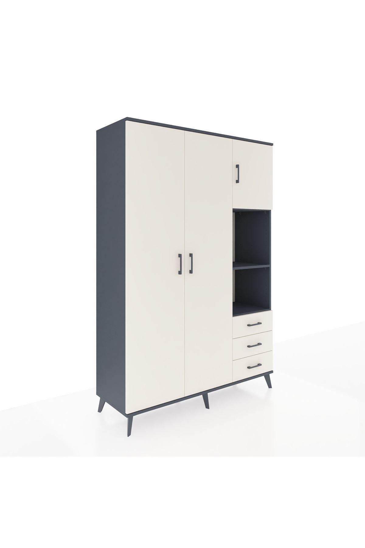 Hyperion Dolap 5 Raflı 3 Çekmeceli Tek Askılı 132x44x195 Antrasit-Aytaşı/Aytaşı