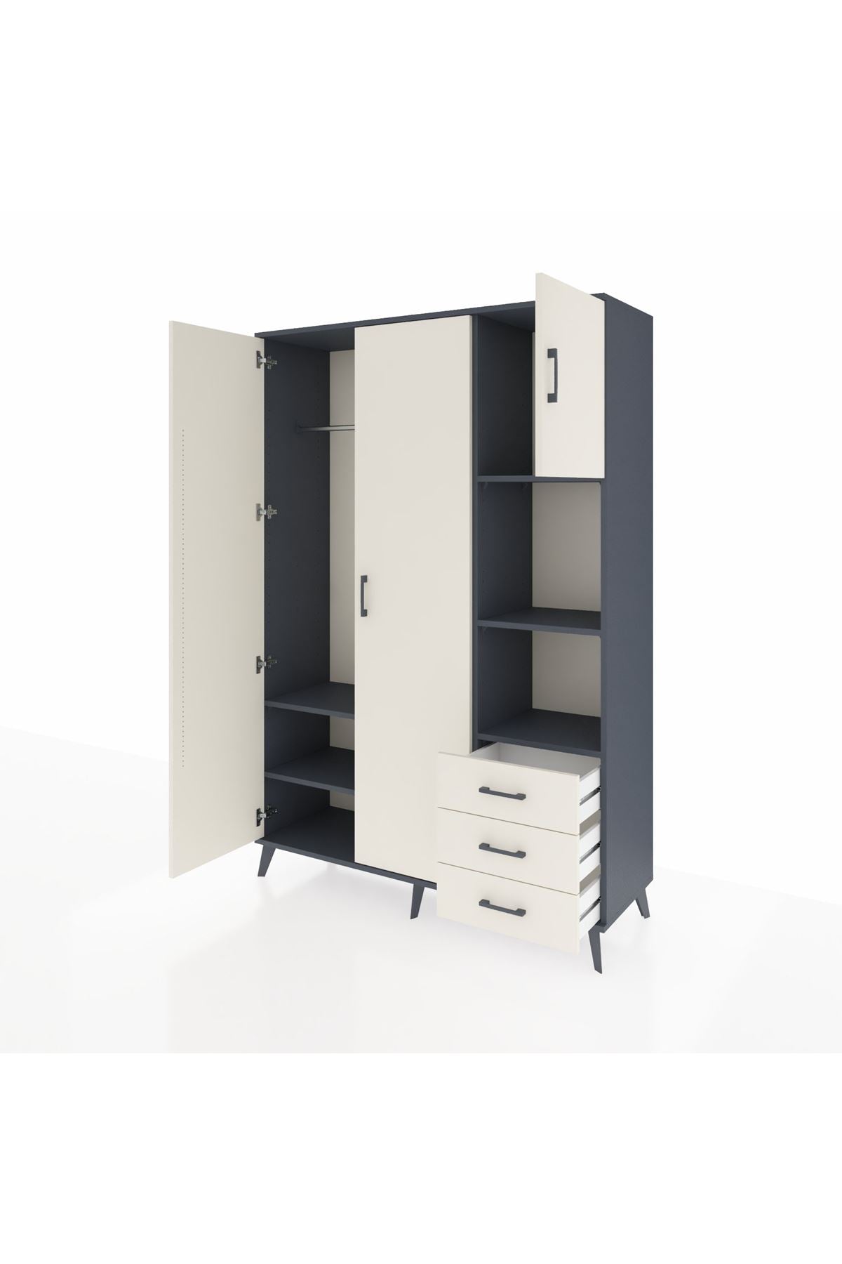 Hyperion Dolap 5 Raflı 3 Çekmeceli Tek Askılı 132x44x195 Antrasit-Aytaşı/Aytaşı