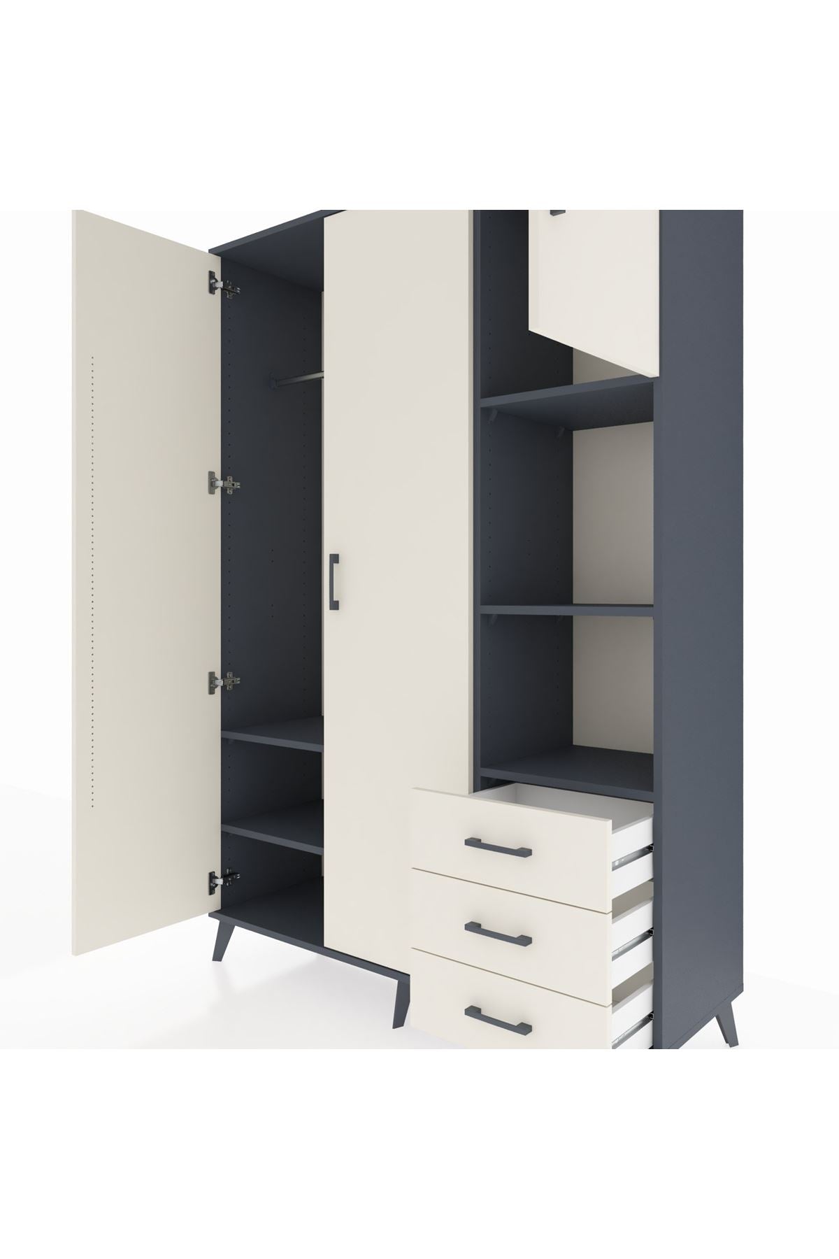 Hyperion Dolap 5 Raflı 3 Çekmeceli Tek Askılı 132x44x195 Antrasit-Aytaşı/Aytaşı