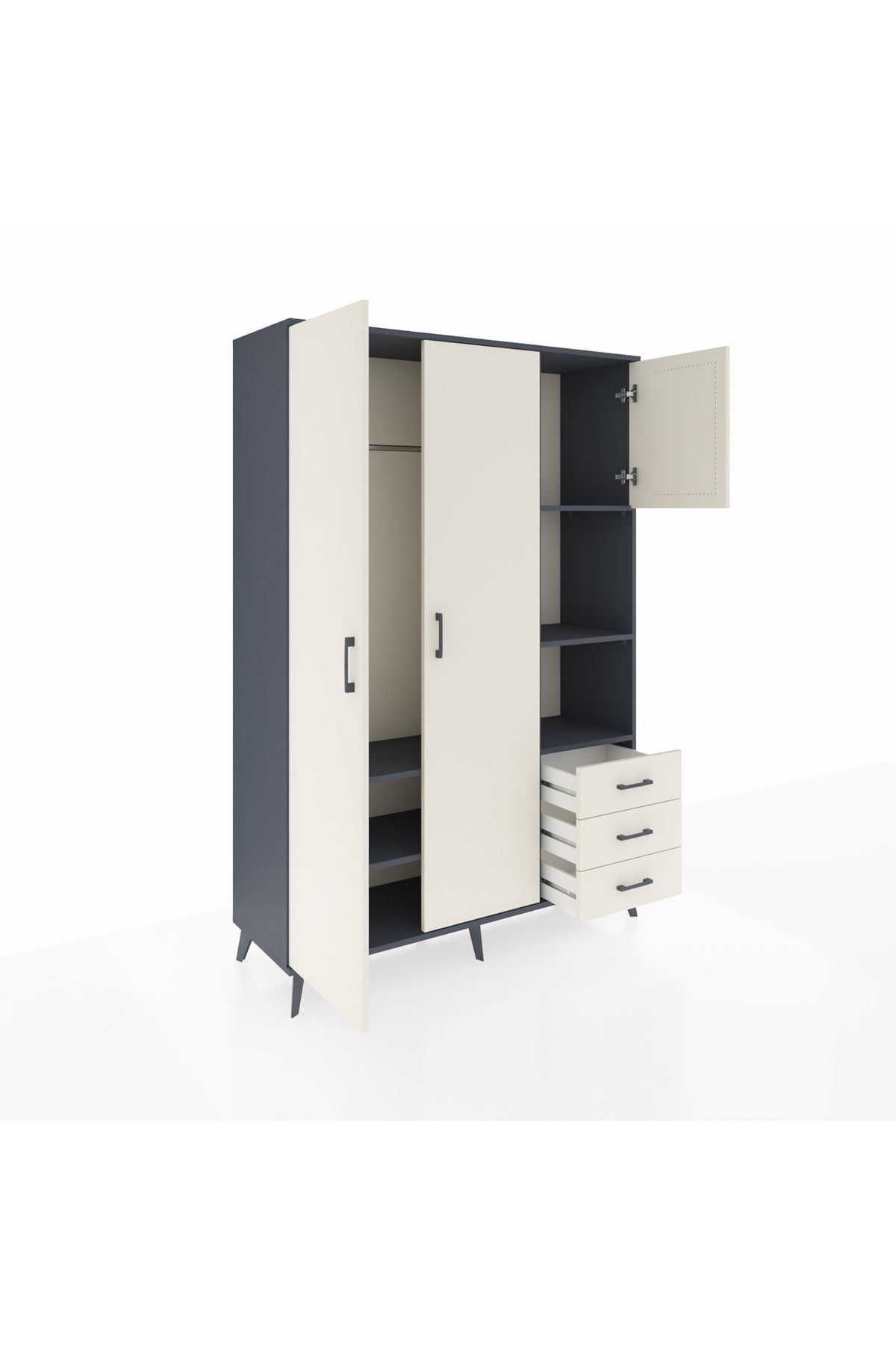 Hyperion Dolap 5 Raflı 3 Çekmeceli Tek Askılı 132x44x195 Antrasit-Aytaşı/Aytaşı