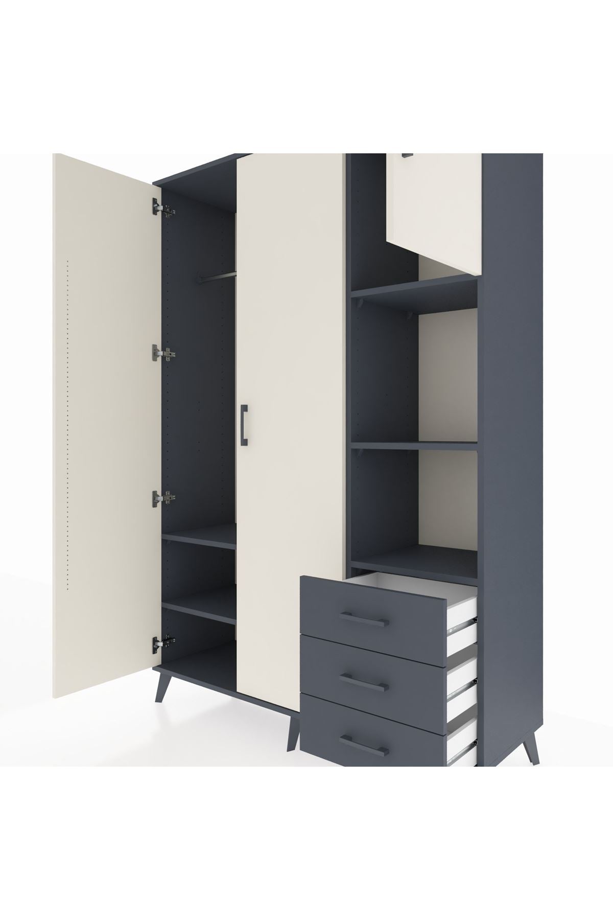 Hyperion Dolap 5 Raflı 3 Çekmeceli Tek Askılı 132x44x195 Antrasit-Aytaşı/Antrasit